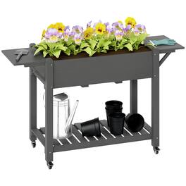 Outsunny - Raised Garden Bed, 57 x 20.5 x 34 in Wood Elevated Planter Box with Lockable Wheels, Side Tables and Bottom Shelf - Gray
