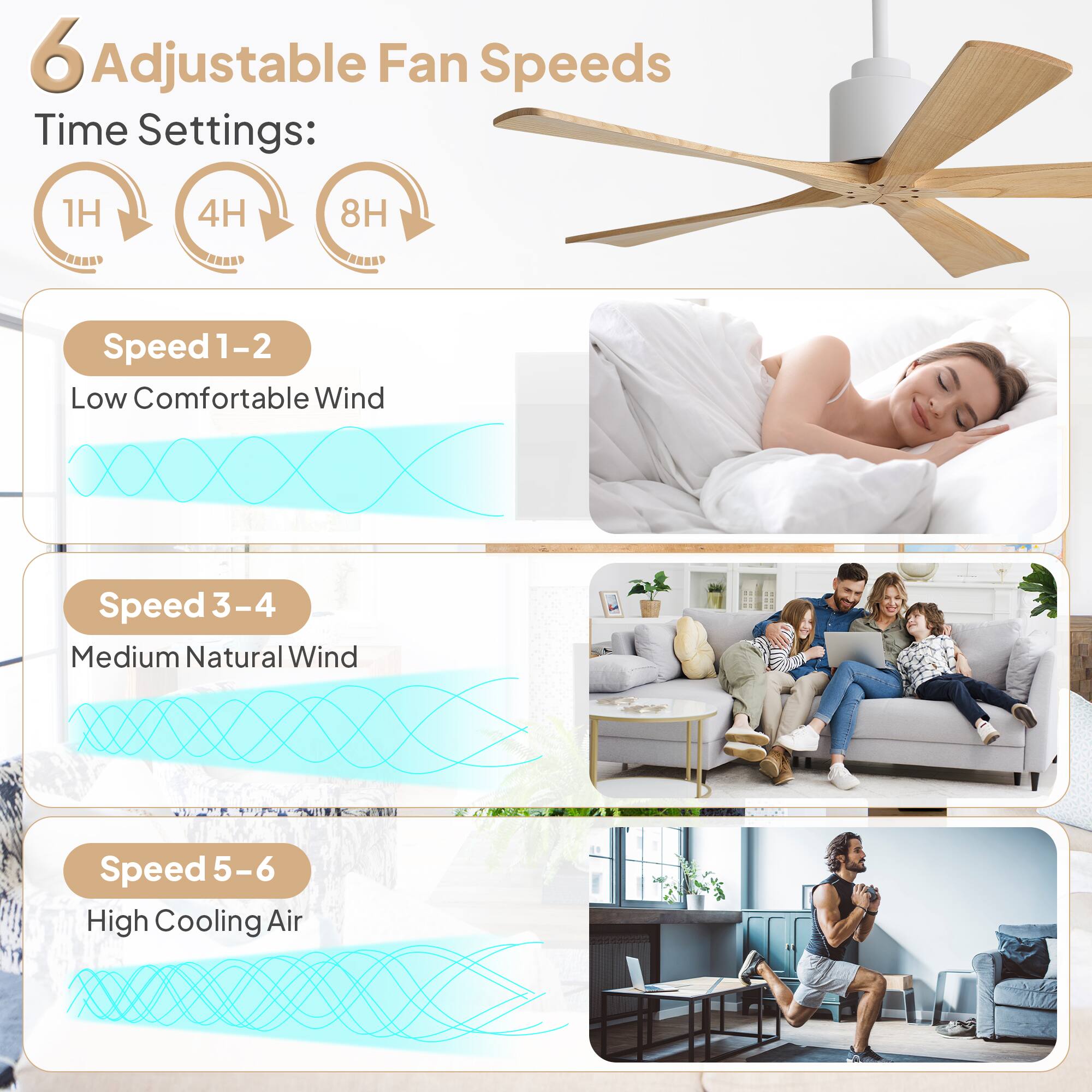 6 Adjustable Fan Speeds  
Time Settings:  
1H 4H 8H  

Speed 1-2  
Low Comfortable Wind  

Speed 3-4  
Medium Natural Wind  

Speed 5-6  
High Cooling Air