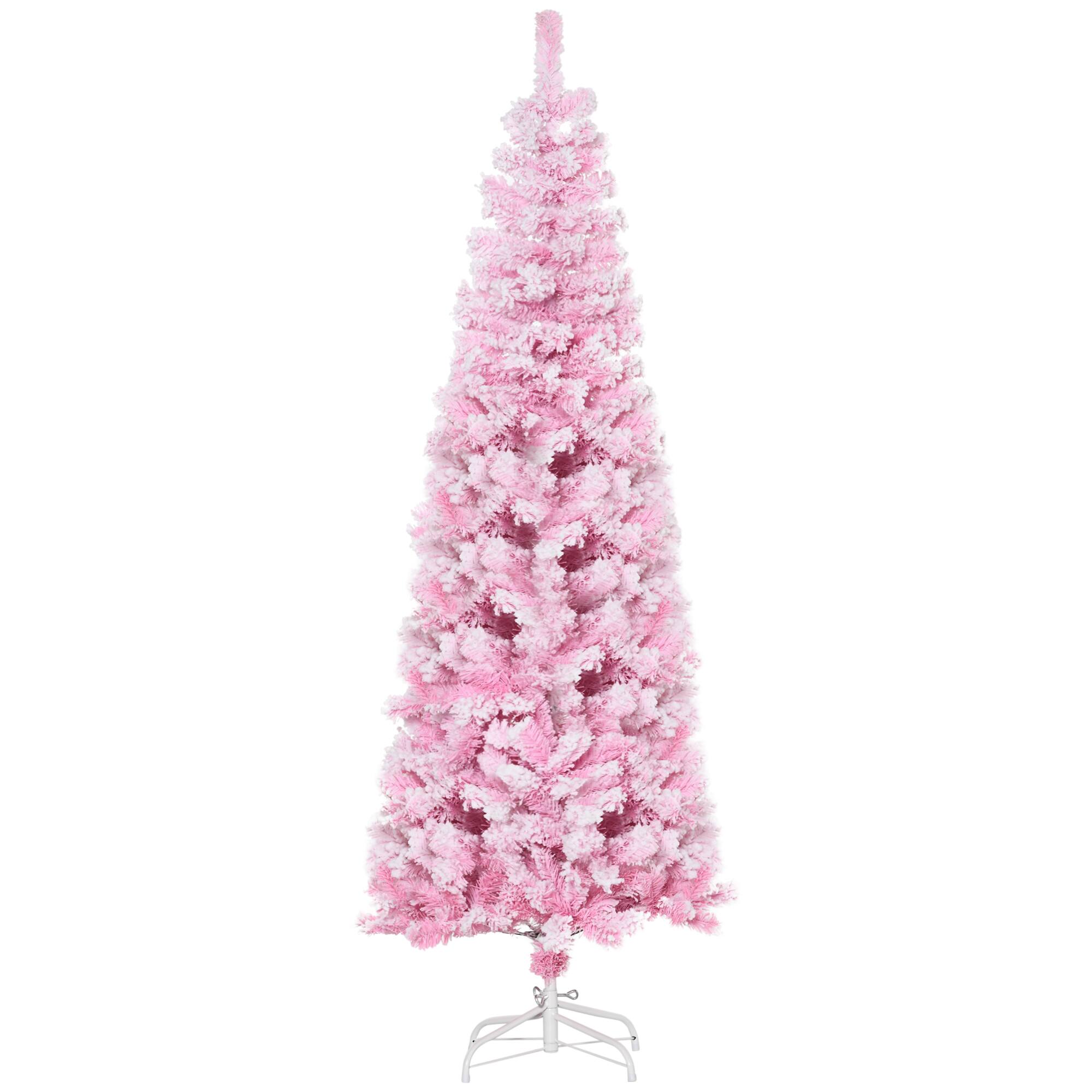 Front. Homcom - Unlit Snow Flocked Artificial Pencil Christmas Tree, Slim Pine Shape, Realistic Branches - pink.