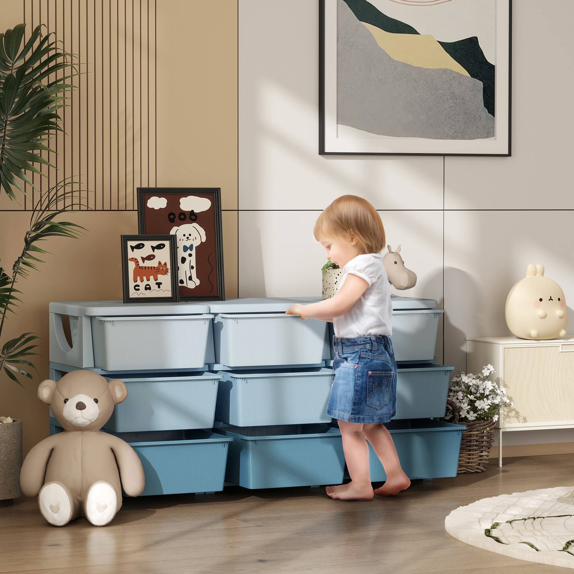 Angle. Qaba - 3 Tier Kids Storage Unit, 6 Drawer Chest Toy Organizer Plastic Bins for Kids Bedroom, Nursery, Kindergarten - Blue.