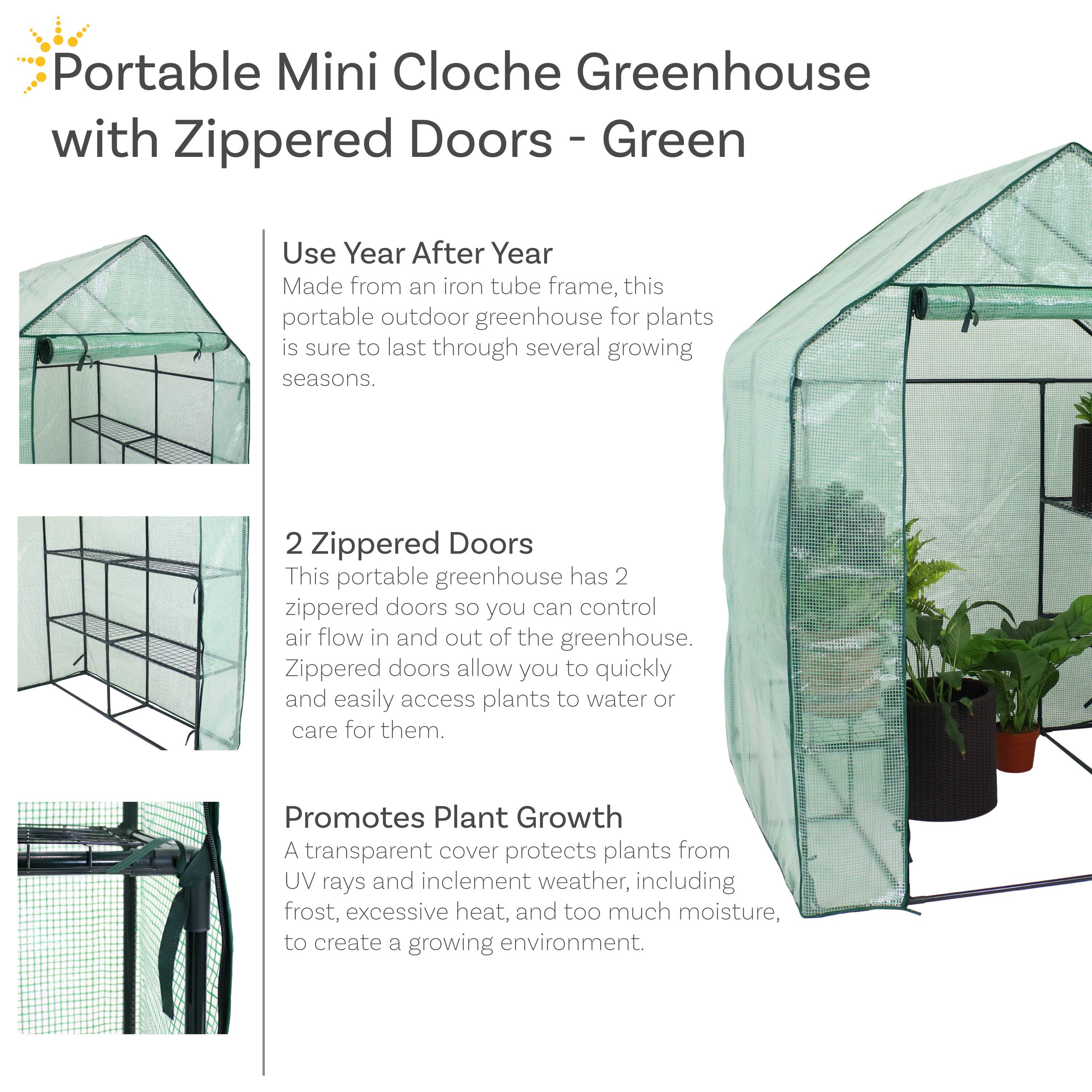 **Portable Mini Cloche Greenhouse with Zippered Doors - Green**

- **Use Year After Year**  
  Made from an iron tube frame, this portable outdoor greenhouse for plants is sure to last through several growing seasons.

- **2 Zippered Doors**  
  This portable greenhouse has 2 zippered doors so you can control air flow in and out of the greenhouse. Zippered doors allow you to quickly and easily access plants to water or care for them.

- **Promotes Plant Growth**  
  A transparent cover protects plants from UV rays and inclement weather, including frost, excessive heat, and too much moisture, to create a growing environment.