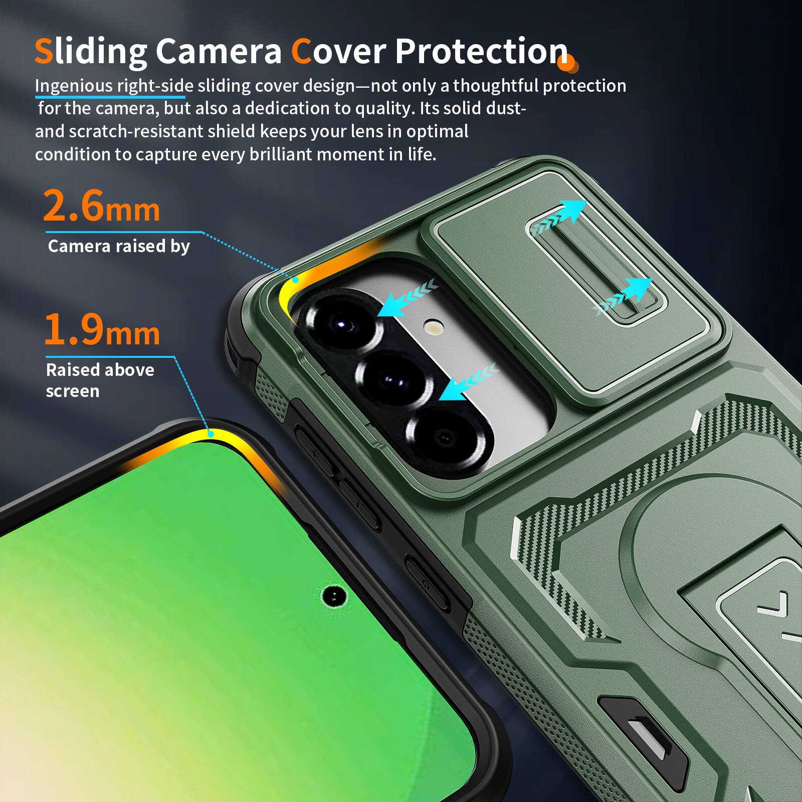 Sliding Camera Cover Protection

Ingenious right-side sliding cover design—not only a thoughtful protection for the camera, but also a dedication to quality. Its solid dust- and scratch-resistant shield keeps your lens in optimal condition to capture every brilliant moment in life.

2.6mm Camera raised by 1.9mm Raised above screen