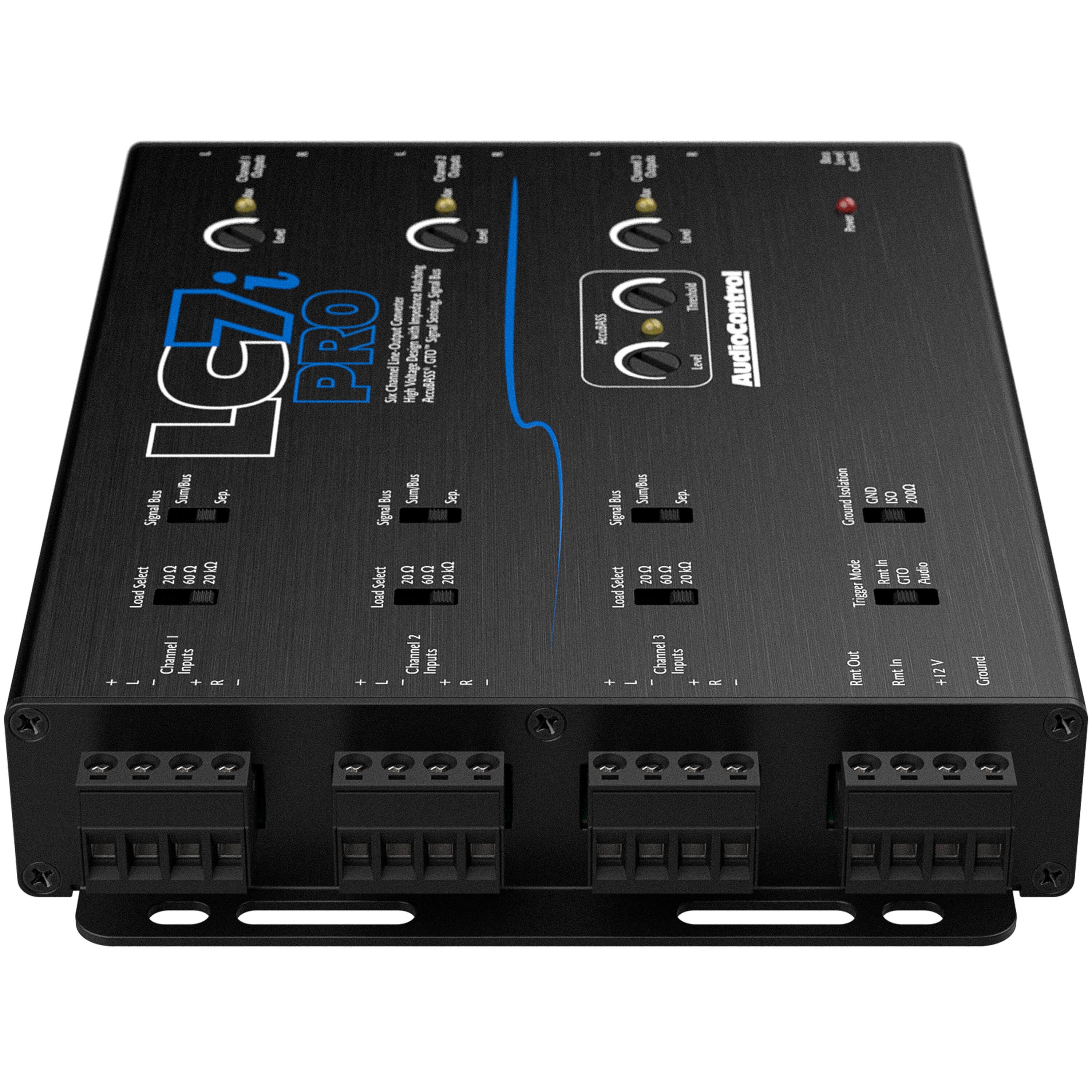 The image features a black box with a blue stripe, which is an LG Pro device. The device has a variety of controls and settings, including a channel selector, load select, and audio control. There are also several input and output options, such as sum bus, signal bus, and select inputs. The device is designed to provide a range of audio control options for users.