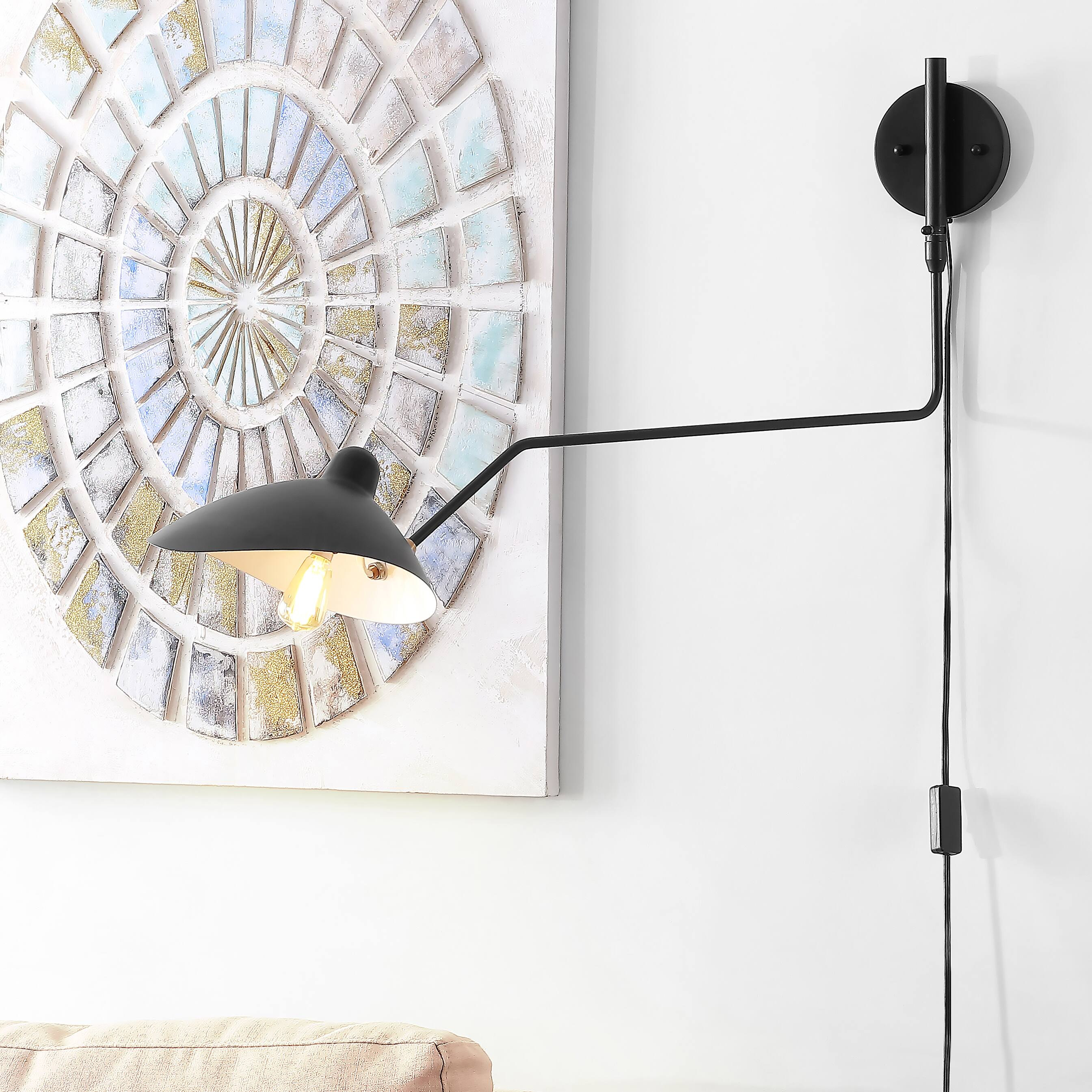 Alt View 6. Jonathan Y - Frank 35" Iron Retro Swing LED Wall Sconce, Black - Black/Brass Gold.
