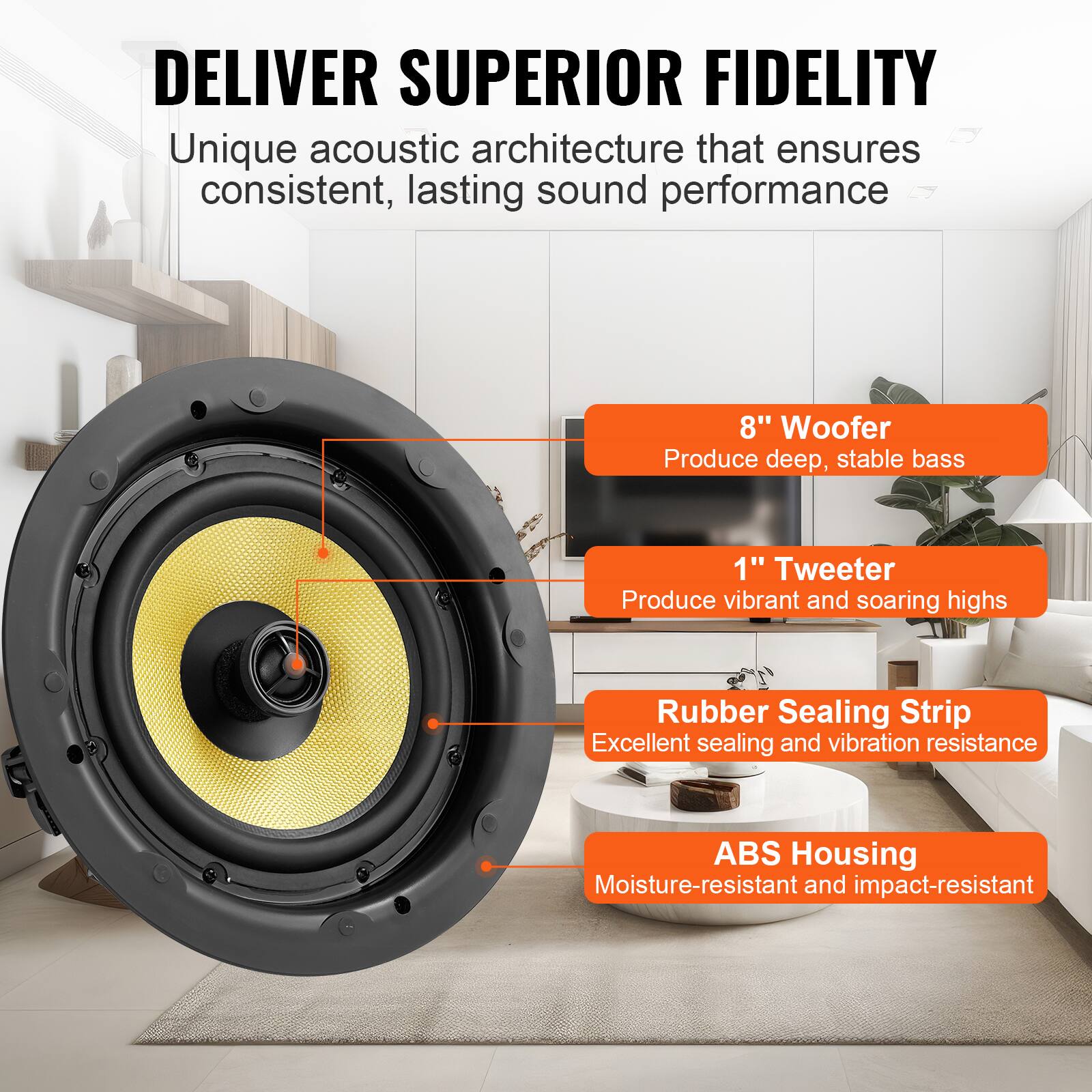 DELIVER SUPERIOR FIDELITY

Unique acoustic architecture that ensures consistent, lasting sound performance

- 8" Woofer
  Produce deep, stable bass

- 1" Tweeter
  Produce vibrant and soaring highs

- Rubber Sealing Strip
  Excellent sealing and vibration resistance

- ABS Housing
  Moisture-resistant and impact-resistant