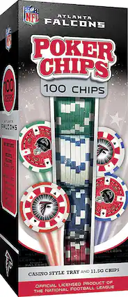 NFL ATLANTA FALCONS
POKER CHIPS
100 CHIPS
CASINO STYLE TRAY AND 11.5G CHIPS
OFFICIAL LICENSED PRODUCT OF THE NATIONAL FOOTBALL LEAGUE
