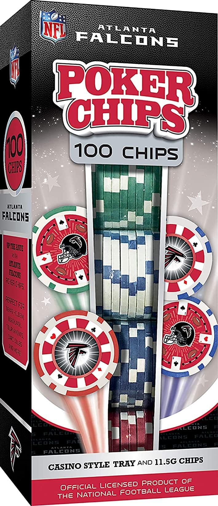 NFL ATLANTA FALCONS  
POKER CHIPS  
100 CHIPS  

CASINO STYLE TRAY AND 11.5G CHIPS  

OFFICIAL LICENSED PRODUCT OF THE NATIONAL FOOTBALL LEAGUE