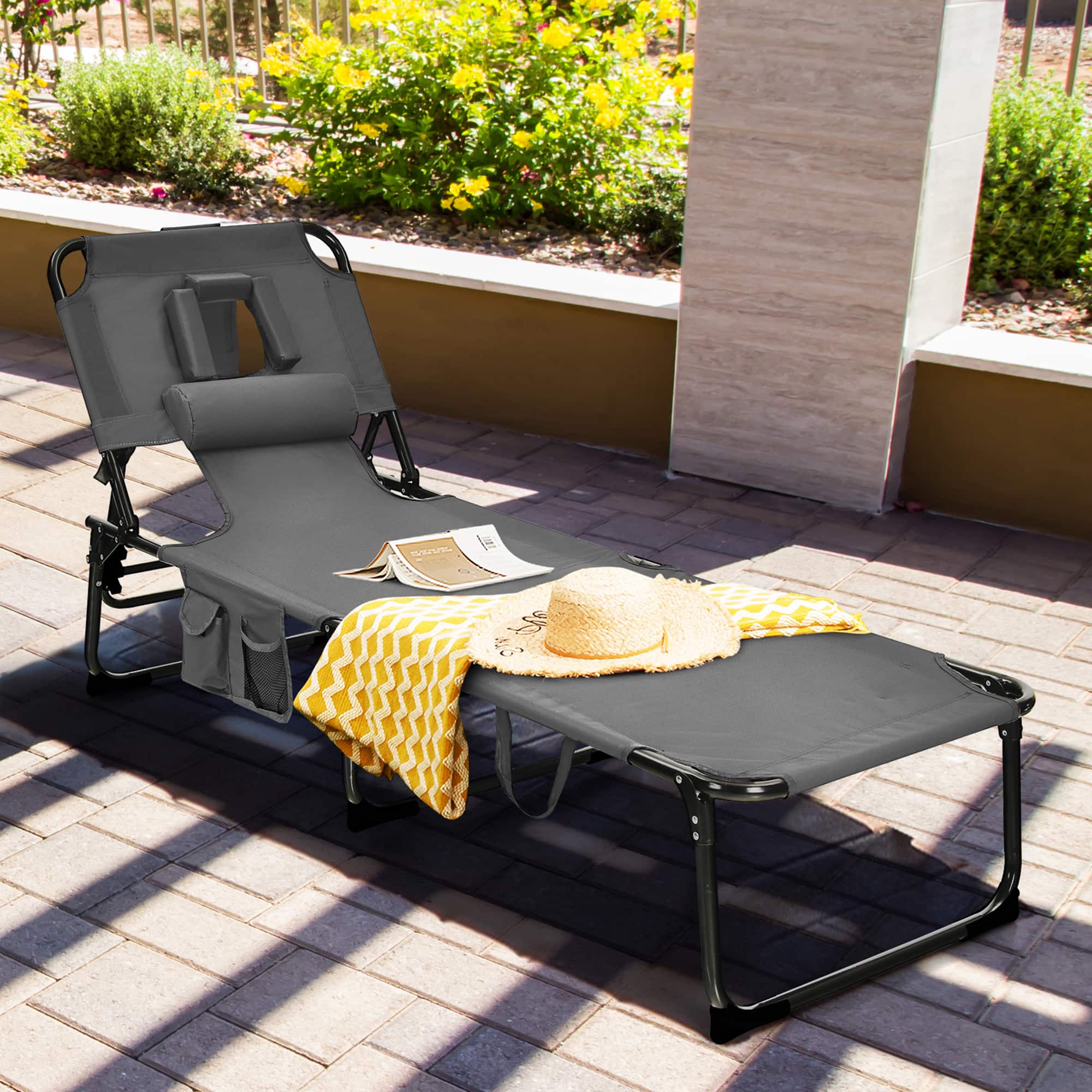 Gymax - Portable Beach Chaise Lounge Chair Folding Reclining Chair w/ Facing Hole Grey - Gray price history on PriceWatchPro