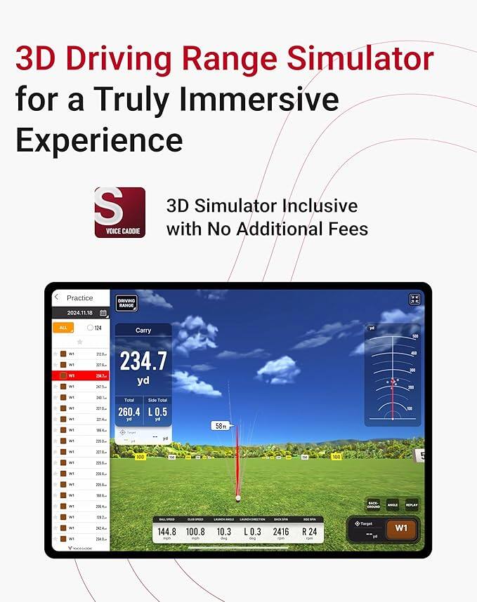3D Driving Range Simulator for a Truly Immersive Experience  
3D Simulator Inclusive with No Additional Fees  

Practice 2024.11.18  
DRIVING RANGE  

Carry: 234.7 yd  
Total: 260.4 yd  
Side Total: 0.5 yd  

207.8 yd  
258.4 yd  
201 yd  
2014-  

144.8  
100.8  
10.3 deg  
L0.3 deg  
2416  
R24  

W1