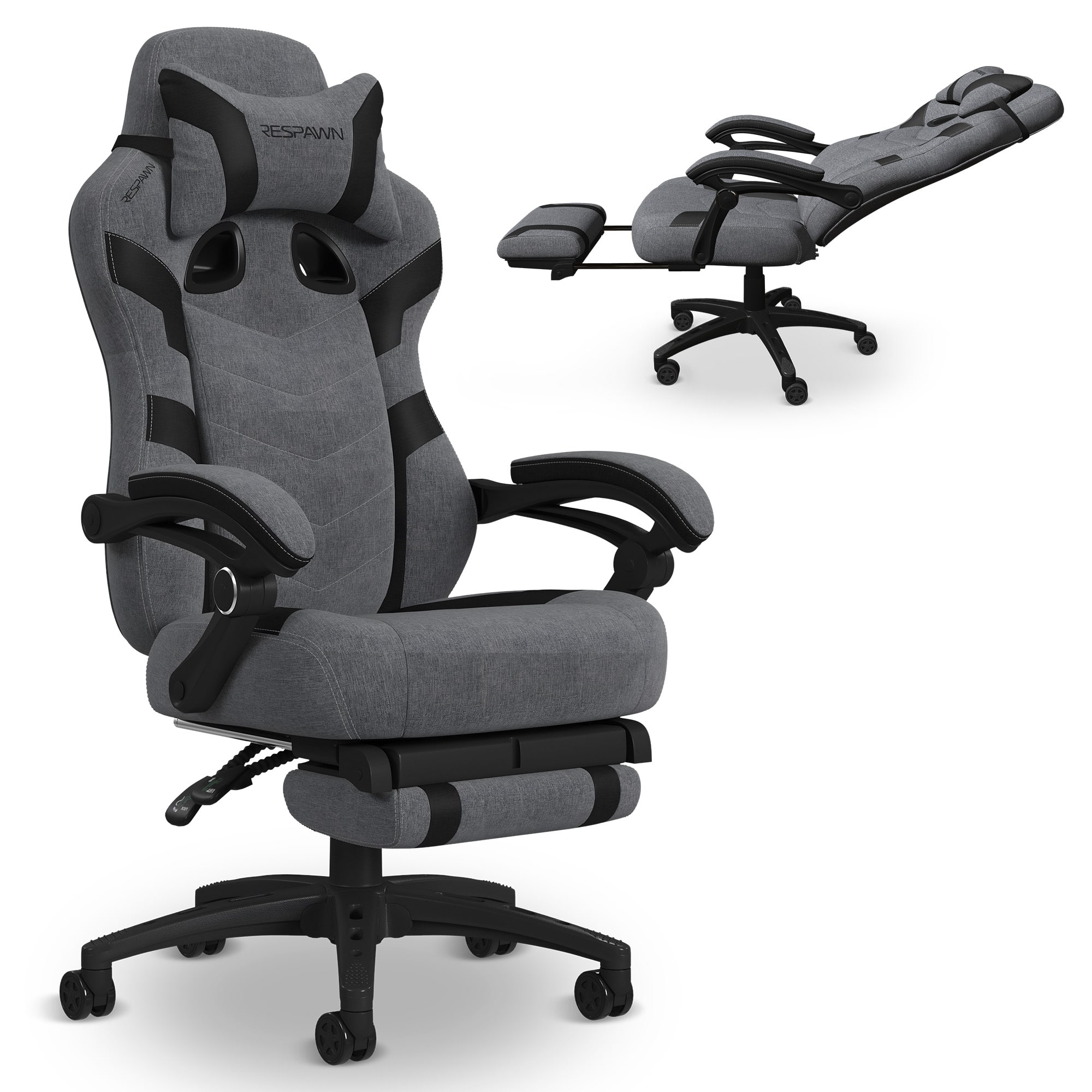 Front. Respawn Products - RESPAWN 110 Pro - Ergonomic Gaming Chair with Footrest, Office Recliner with Lumbar Support and Headrest - Gray Fabric.
