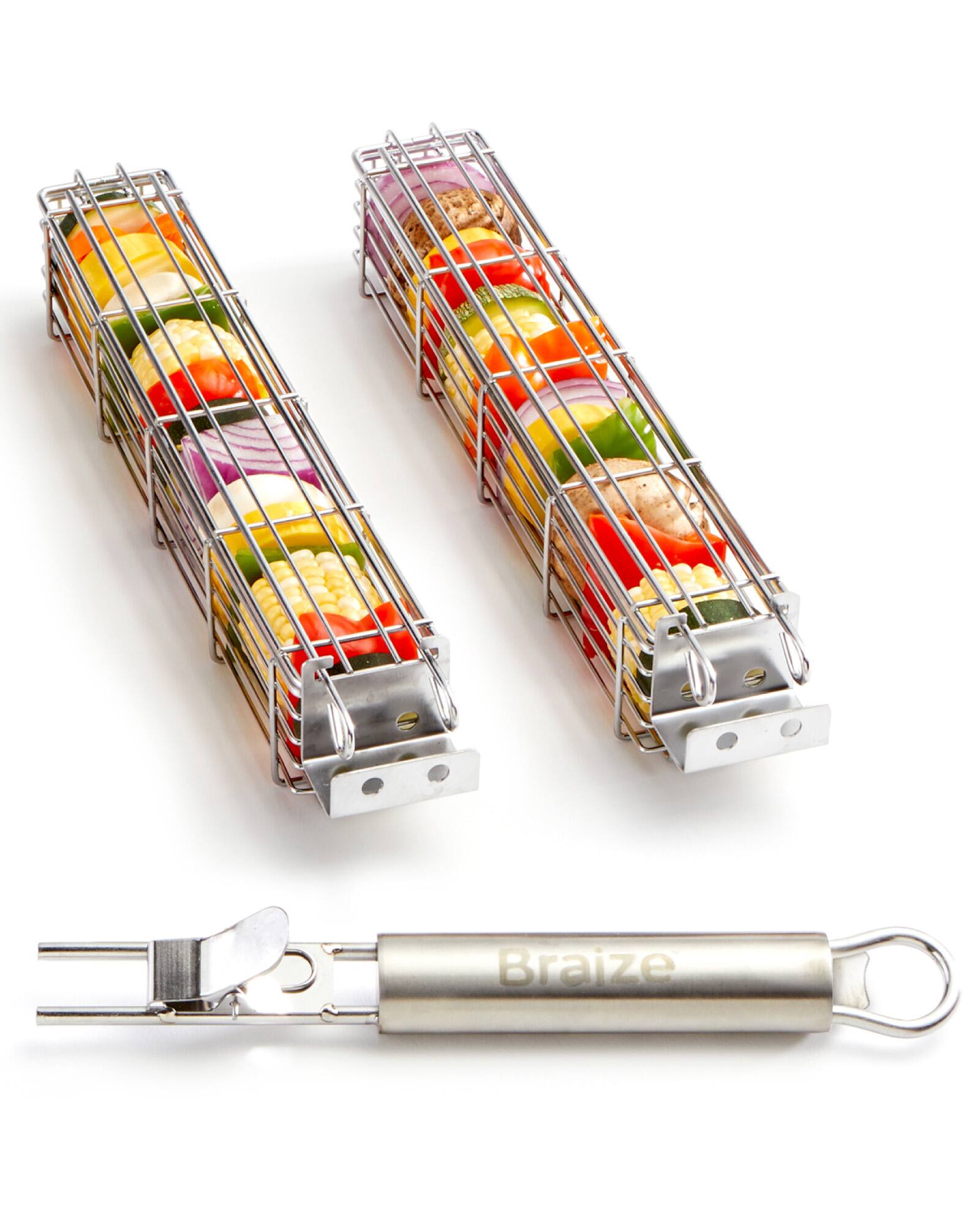 Alt View 1. Braize - Stainless Steel Kabob Grill Basket Set - Silver.