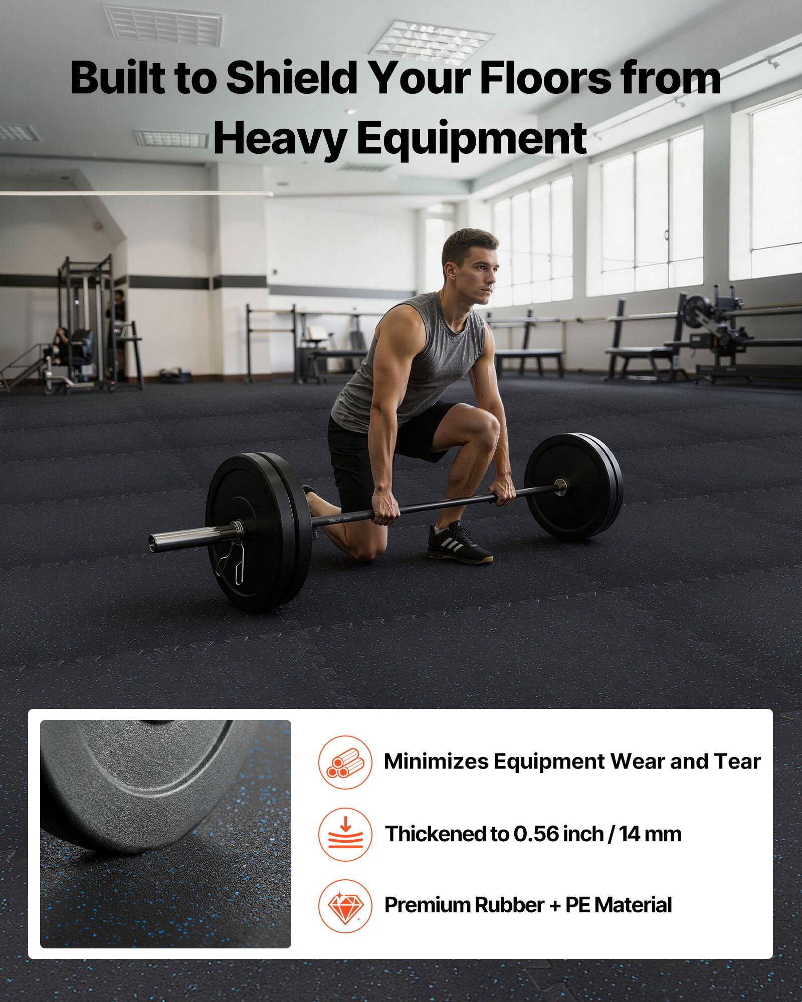 Built to Shield Your Floors from Heavy Equipment

Minimizes Equipment Wear and Tear

Thickened to 0.56 inch / 14 mm

Premium Rubber + PE Material