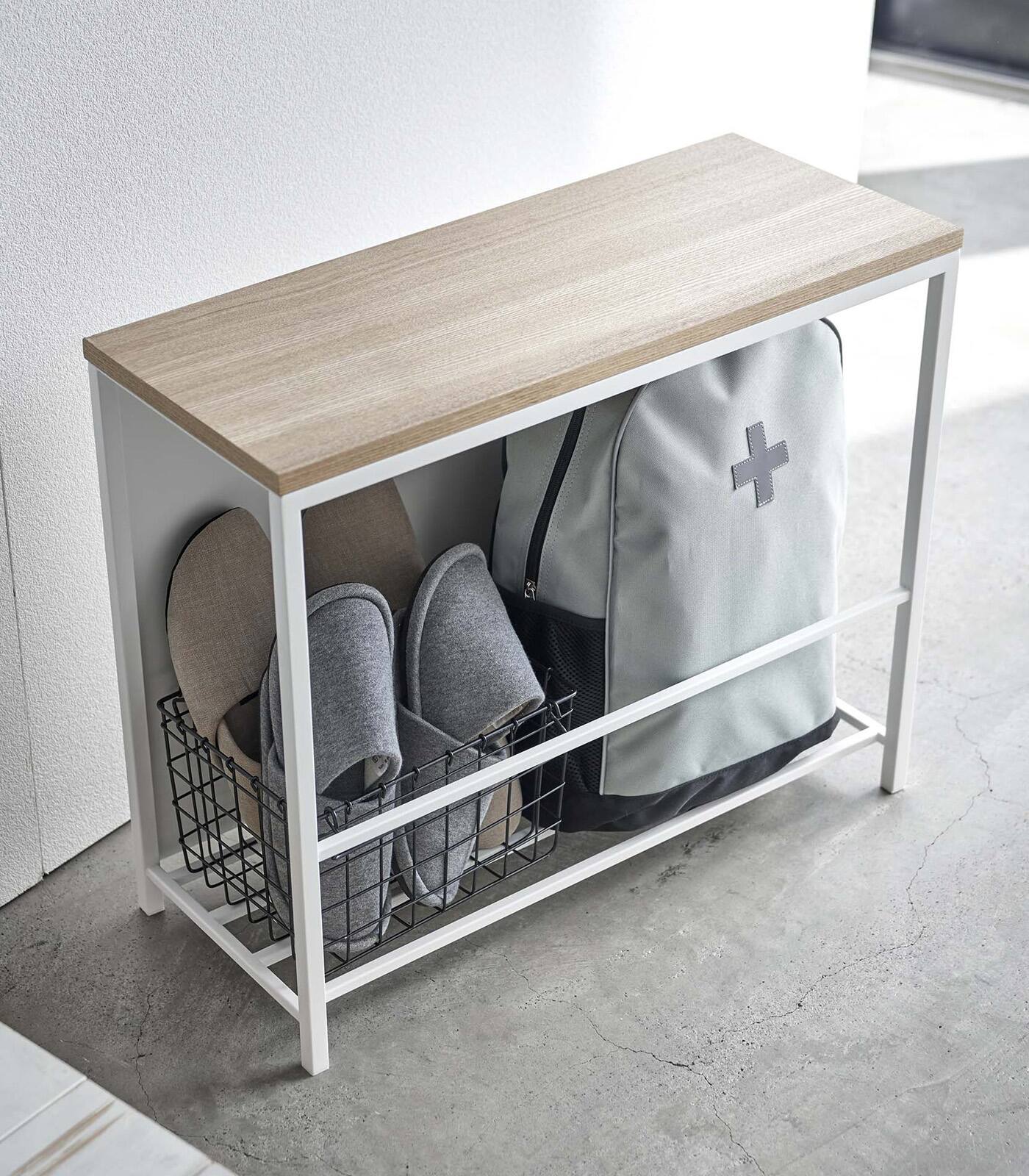 Alt View 3. Yamazaki Home - Entryway Storage Organizer & Bench (18" H)  - Steel + Wood - White.