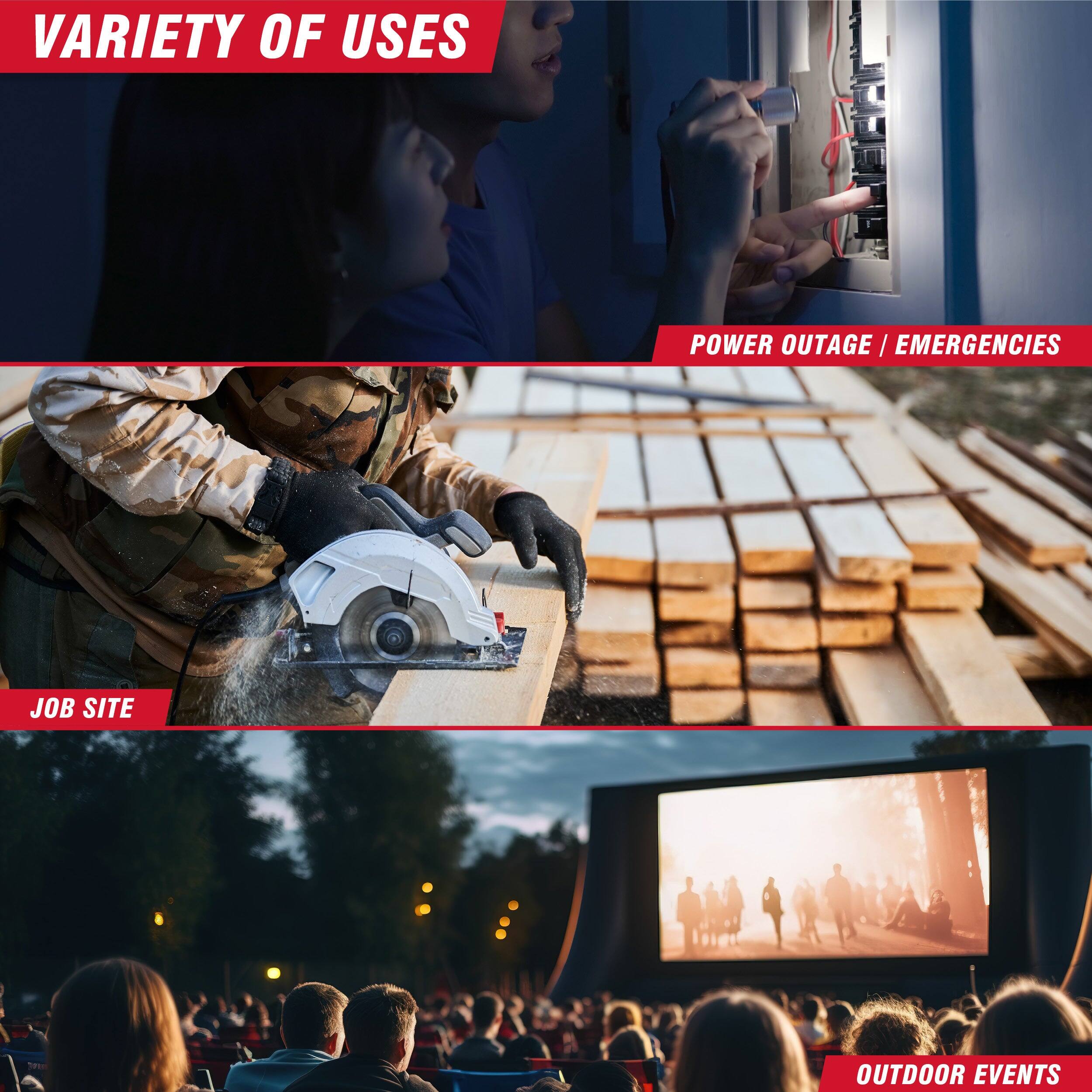 VARIETY OF USES

POWER OUTAGE / EMERGENCIES

JOB SITE

OUTDOOR EVENTS