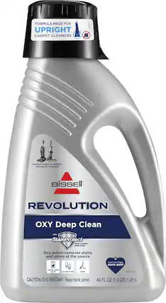 The text on the image reads: "BISSLE REVOLUTION OXY DEEP CLEAN with StainProtect. Protects future stains. Specially made for BISSELL Revolution machines. Removes stains and odors at the source. Heavily soiled carpet ground-in dirt odors. Every purchase saves pets. 1.41 L (48 FL OZ) 1.5 QT. CAUTION: EYE IRRITANT. Read back panel."