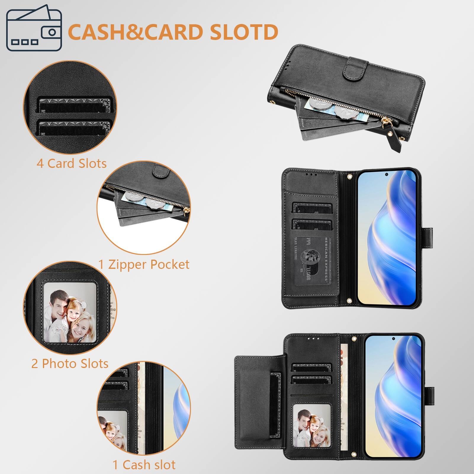 CASH & CARD SLOTD

4 Card Slots
1 Zipper Pocket
2 Photo Slots
1 Cash Slot