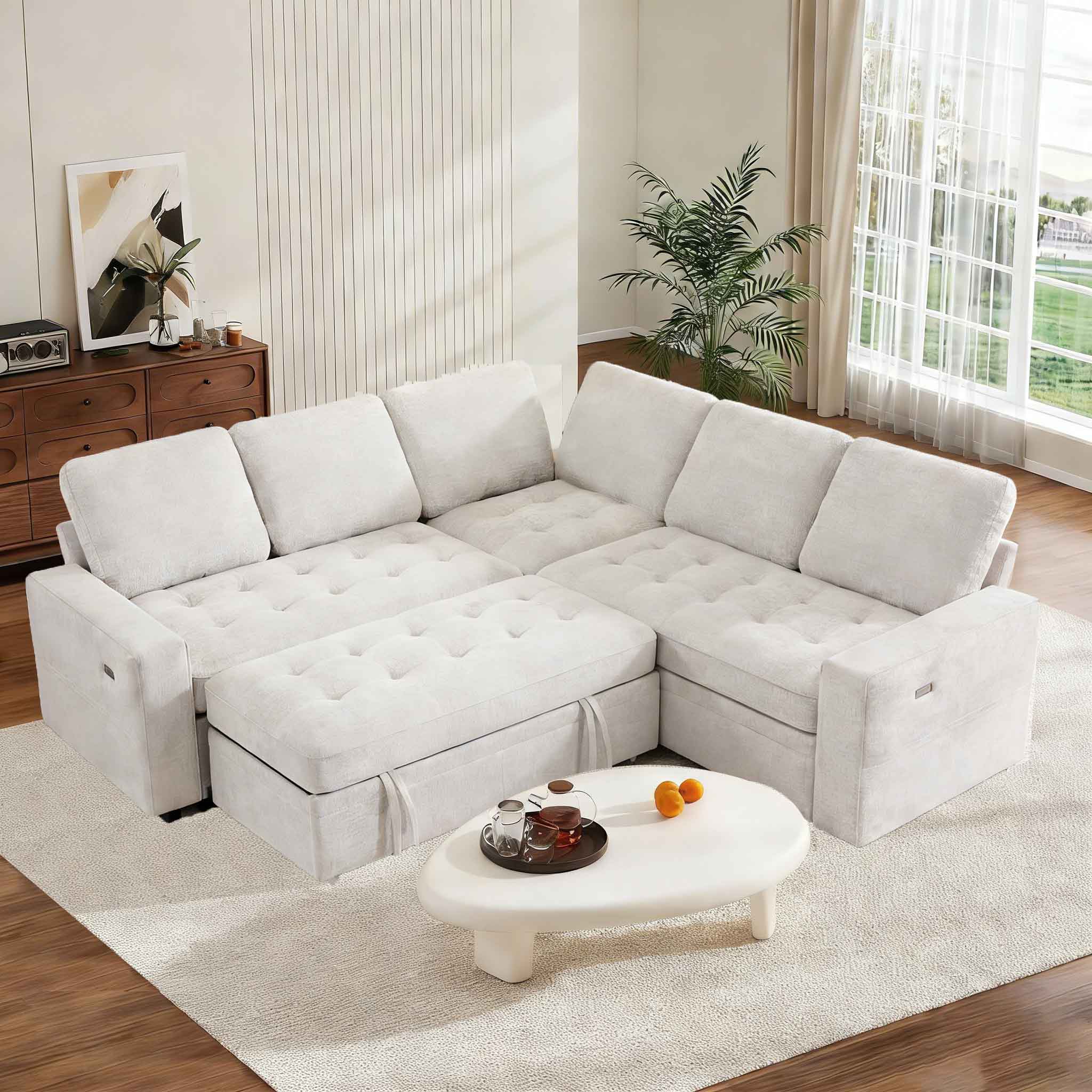 Vipbear - 5 Seat Modular Sectional Sofa with USB Ports, Adjustable Backrest, Storage Seats, Tool-Free Assembly,Beige - Beige