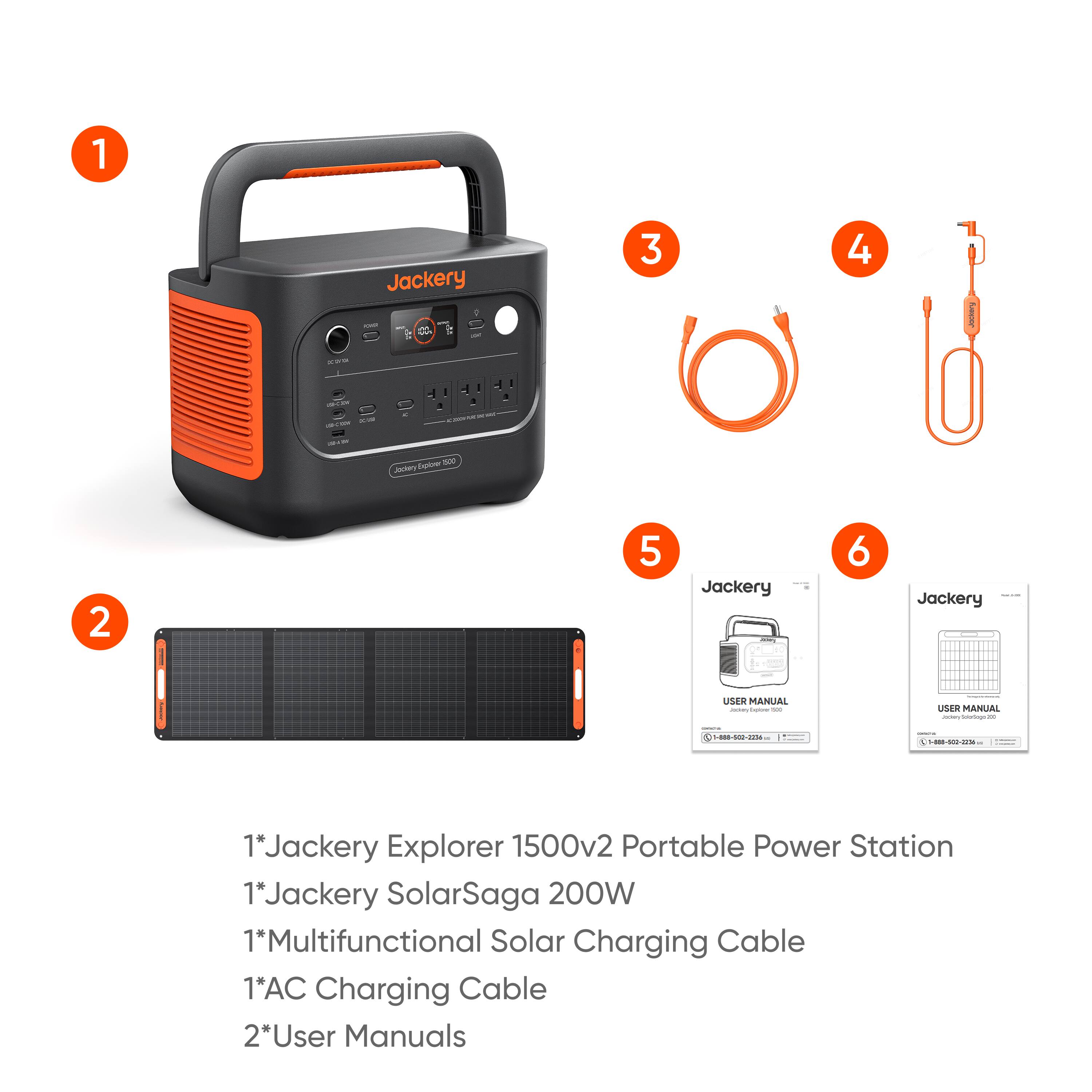 1 Jackery Explorer 1500v2 Portable Power Station  
1 Jackery SolarSaga 200W  
1 Multifunctional Solar Charging Cable  
1 AC Charging Cable  
2 User Manuals