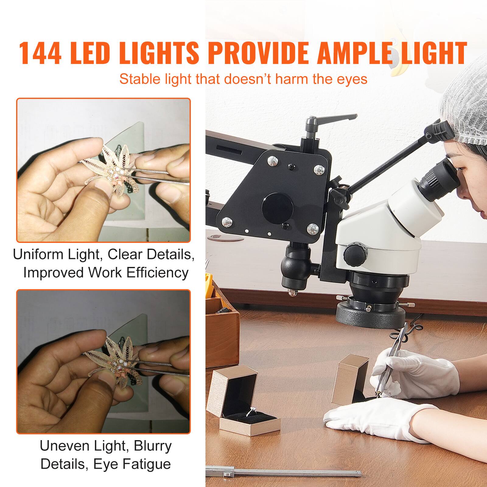 144 LED LIGHTS PROVIDE AMPLE LIGHT  
Stable light that doesn't harm the eyes  

Uniform Light, Clear Details, Improved Work Efficiency  
Uneven Light, Blurry Details, Eye Fatigue