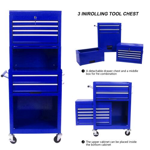 3 INIROLLING TOOL CHEST

1. A detachable drawer chest and a middle box for free combination
2. The upper cabinet can be placed inside the bottom cabinet