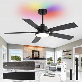 Breezary - 52 Inch Smart Bluetooth RGB Backlight Ceiling Fans with Lights and Remote, 6 Speeds, 5 Plywood Blades, 5" & 10" Downrods - Black