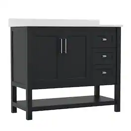 Flash Furniture - Vega 42 Inch Bathroom Vanity with Sink, Storage Cabinet with Soft Close Doors, Open Shelf and 3 Drawers, Carrara Marble - Black