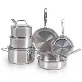 T-Fal - 10pc Stainless Steel Cookware Set, Pro Tri-Ply Stainless Steel Cookware, Dishwasher & Oven Safe, Induction - Silver