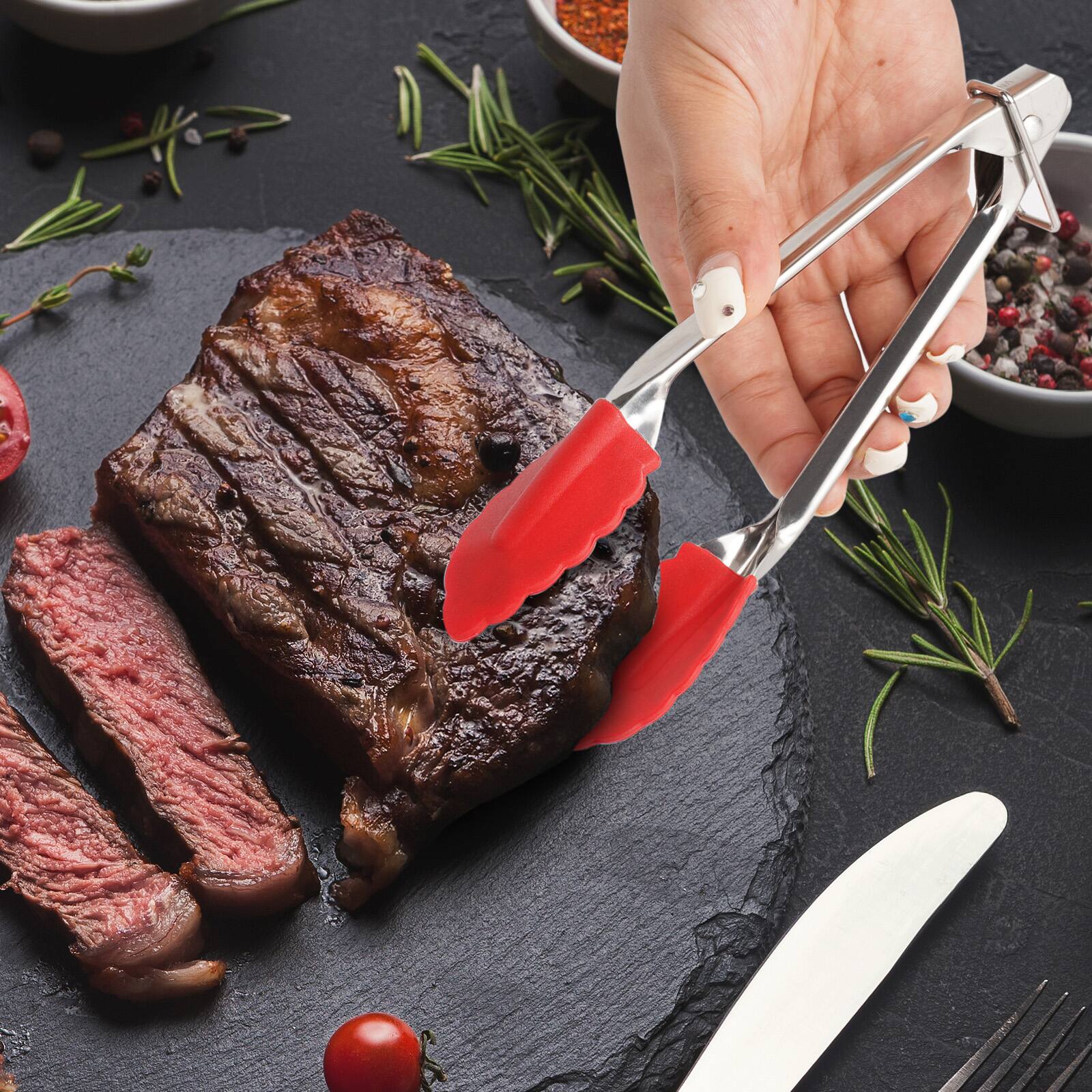 Alt View 1. Hansmart - HANSMART 2PK Kitchen Tongs Silicone Food Tongs Non Stick Cooking Serving Tongs For BBQ Salad Steak Pasta - Red, Black.