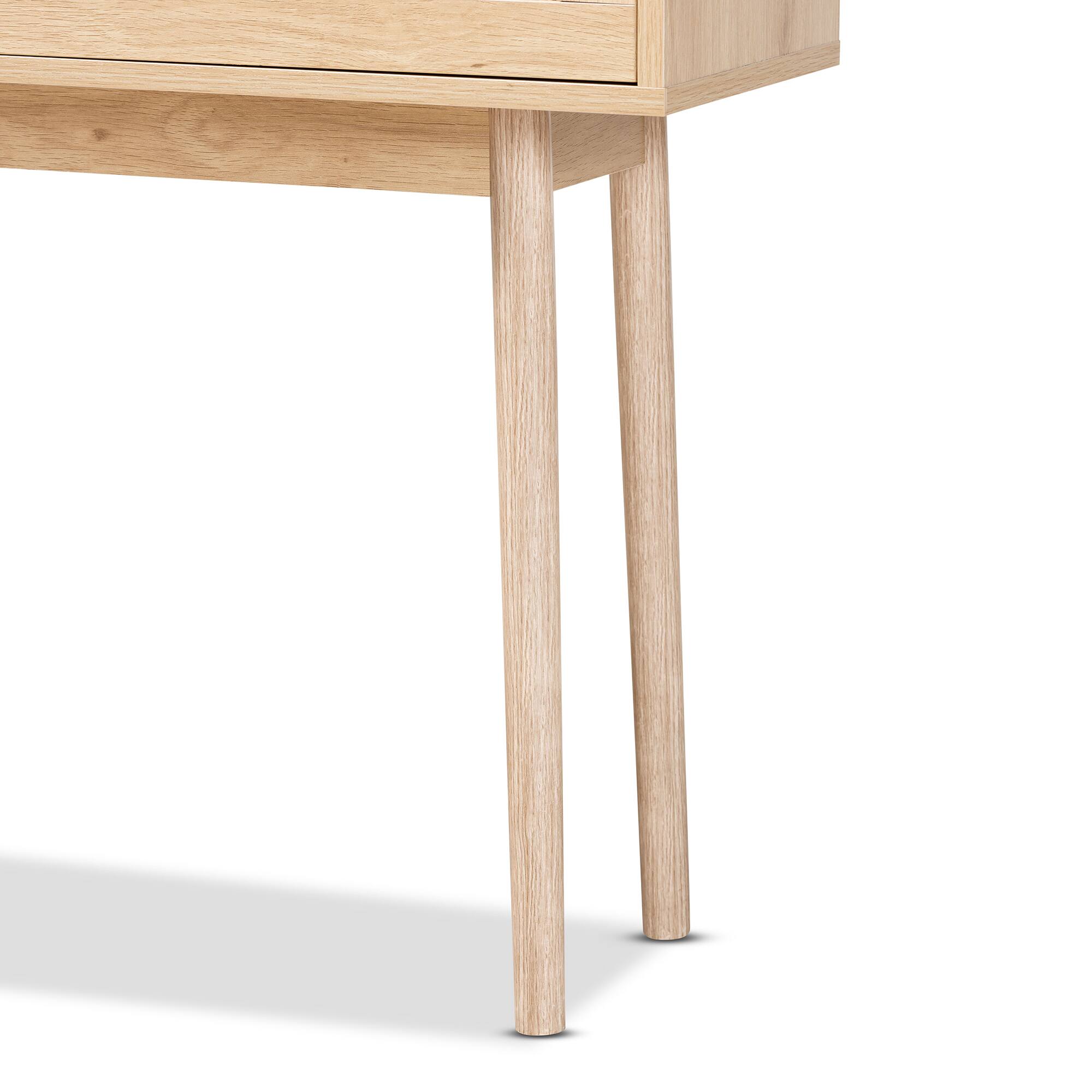 Alt View 2. Baxton Studio - Baird Mid-Century Modern Light Finished Wood and Rattan 2-Drawer Console Table - Oak Brown.