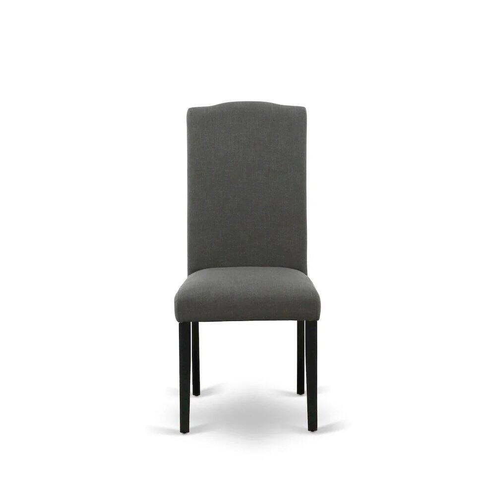 Left. East West Furniture - 7 Piece Modern Dining Table Set Consist of a Rectangle Wooden Table and 6 Dark Gotham Linen Fabric Upholstered Chairs - Black.
