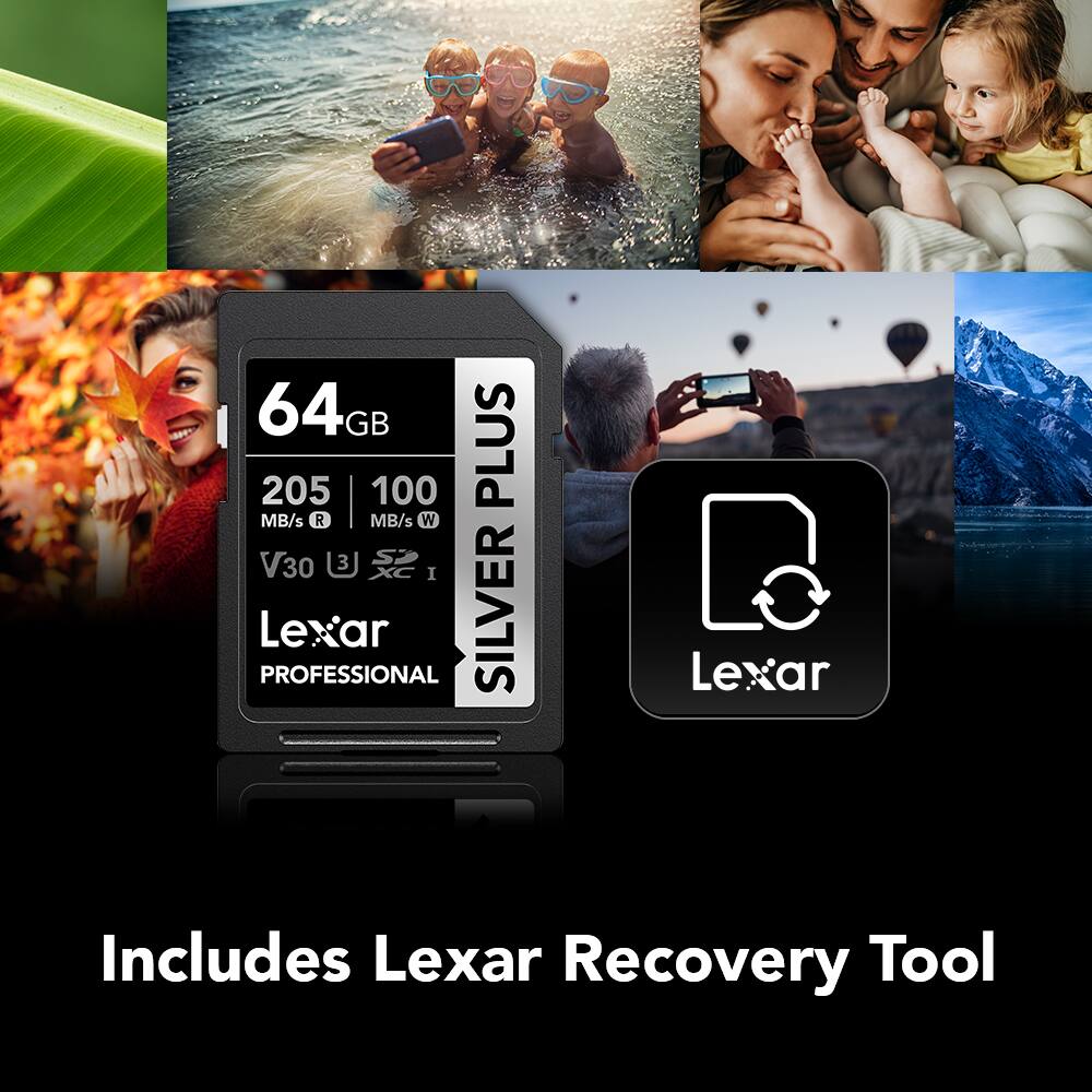 64GB 205 MB/s R 100 MB/s W V30 3 I PROFESSIONAL Lexar SILVER PLUS Includes Lexar Recovery Tool