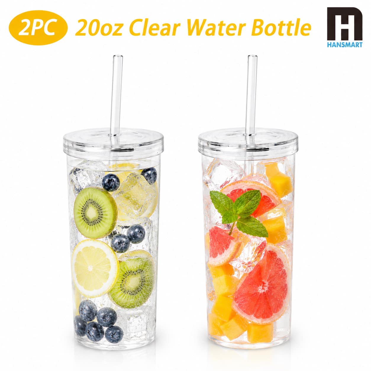 Hansmart - 2-Pack 20oz Reusable Tumblers Lids & Straws, BPA-Free Spill-Proof Travel Mugs Office, Home & Daily Commute - Clear
