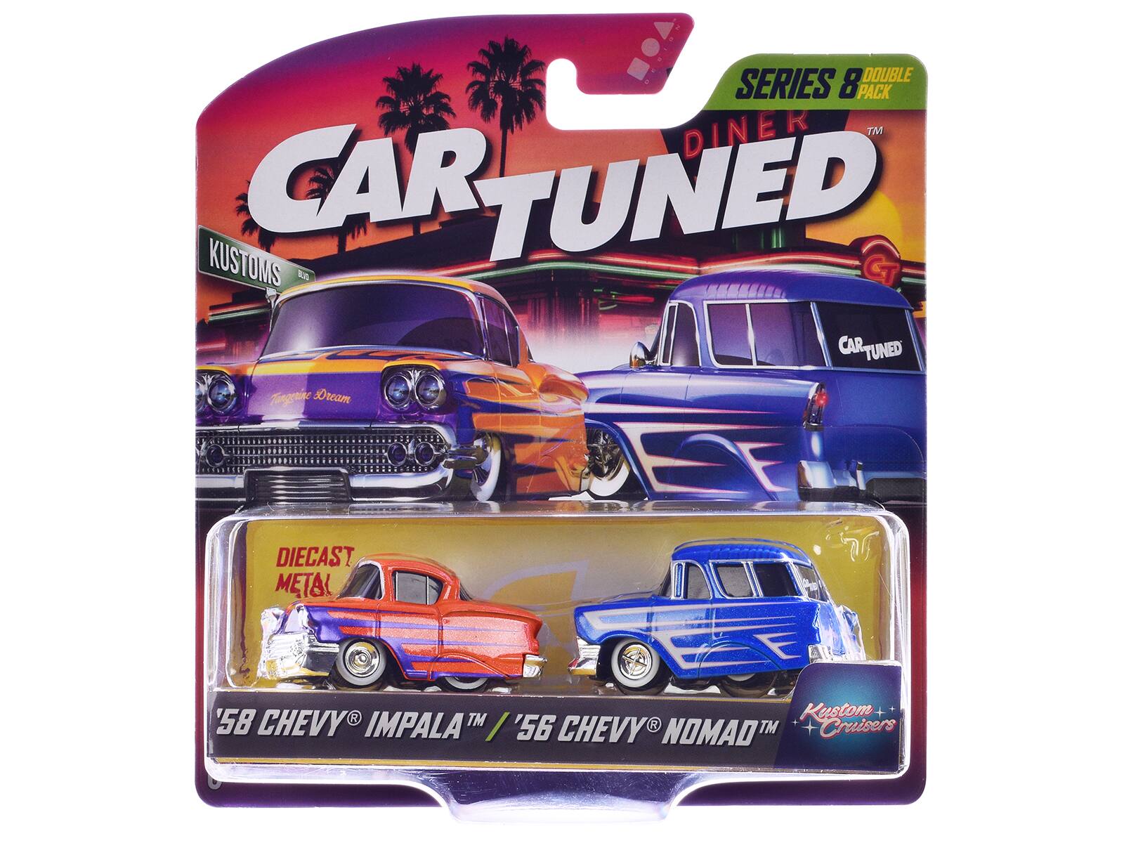 DOUBLE SERIES 8 PACK DINER TM CAR TUNED KUSTOMS 1 G CAR TUNED Tangenise Dream DIECAST METAL R TM Kastom + 58 CHEVY IMPALATM / '56 CHEVY NOMAD TM + Cruisers
