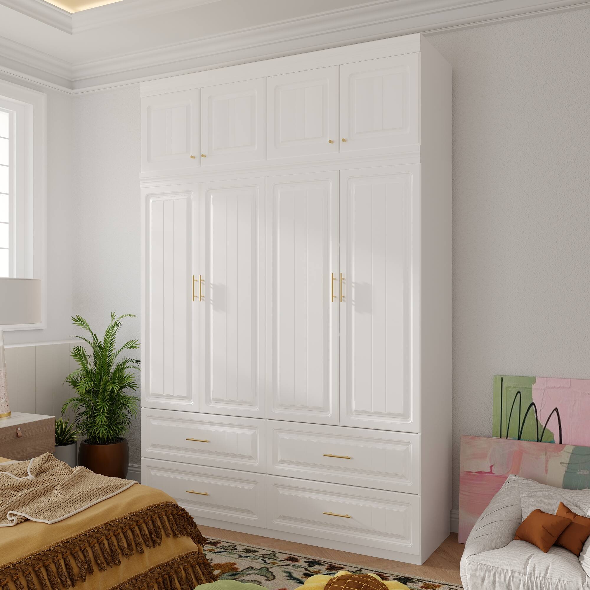 Alt View 1. FUFU & GAGA - FUFU&GAGA 4 - Door Wardrobe: Elegant Storage with Gold Accents & Smooth Drawers - White.