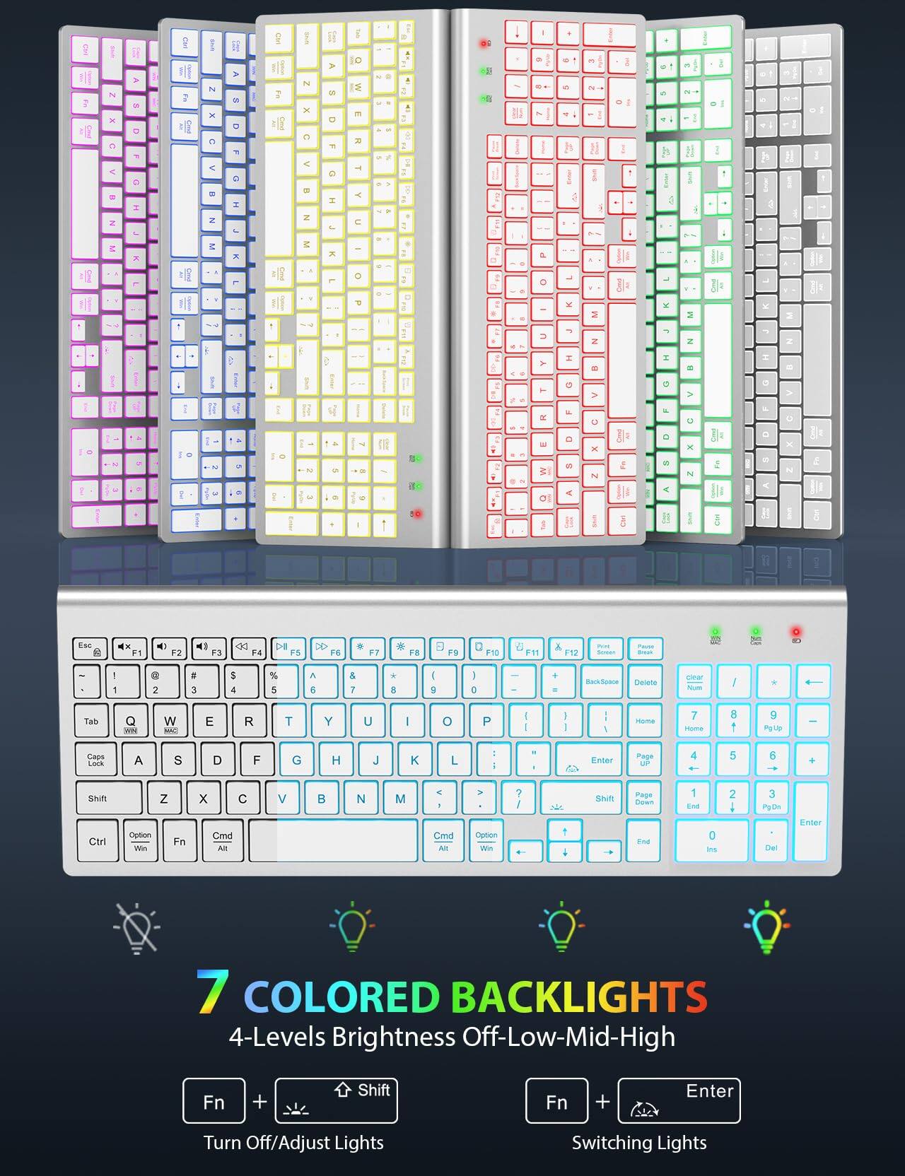 Sure, here is the corrected and grouped text from the image:

---

**7 COLORED BACKLIGHTS**

4-Levels Brightness: Off-Low-Mid-High

- Fn + Shift: Turn Off/Adjust Lights
- Fn + Enter: Switching Lights

---

**Keyboard Layout:**

- Esc
- F1 F2 F3 F4 F5 F6 F7 F8 F9 F10 F11 F12
- 1 2 3 4 5 6 7 8 9 0 - = Backspace
- Tab Q W E R T Y U I O P [ ] \
- Caps Lock A S D F G H J K L ; ' Enter
- Shift Z X C V B N M , . / Shift
- Fn Ctrl Win Option Alt

---

**Additional Features:**

- Page Up
- Page Down
- Home
- End
- Insert
- Delete
- Num Lock
- Num Pad (1-9, 0, ., +/-, *, /, Enter)

---

**Color Options:**

- Pink
- Yellow
- Red
- Green
- Blue
- White

---

**Key Labels:**

- Esc

