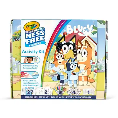 Crayola COLOR WONDER MESS FREE COLORING Activity Kit 3+ BLUEY
- Won't color on skin, furniture, or fabric!
- Colors ONLY on special paper so it's great for on-the-go
- 27 COLORING PAGES
- 2 POP OUT PAGES
- 8 MESS FREE MARKERS
- 4 STICKER SHEETS
- 1 BACKGROUND SCENE