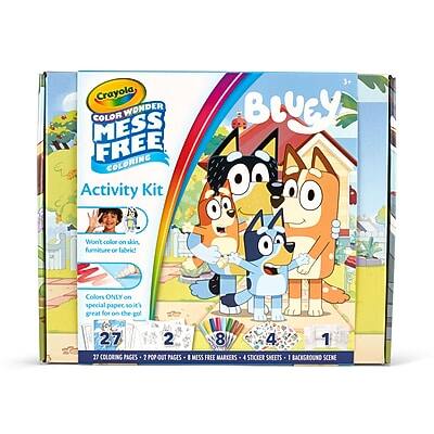 Crayola COLOR WONDER MESS FREE COLORING Activity Kit 3+ BLUEY

- Won't color on skin, furniture, or fabric!
- Colors ONLY on special paper so it's great for on-the-go
- 27 COLORING PAGES
- 2 POP OUT PAGES
- 8 MESS FREE MARKERS
- 4 STICKER SHEETS
- 1 BACKGROUND SCENE