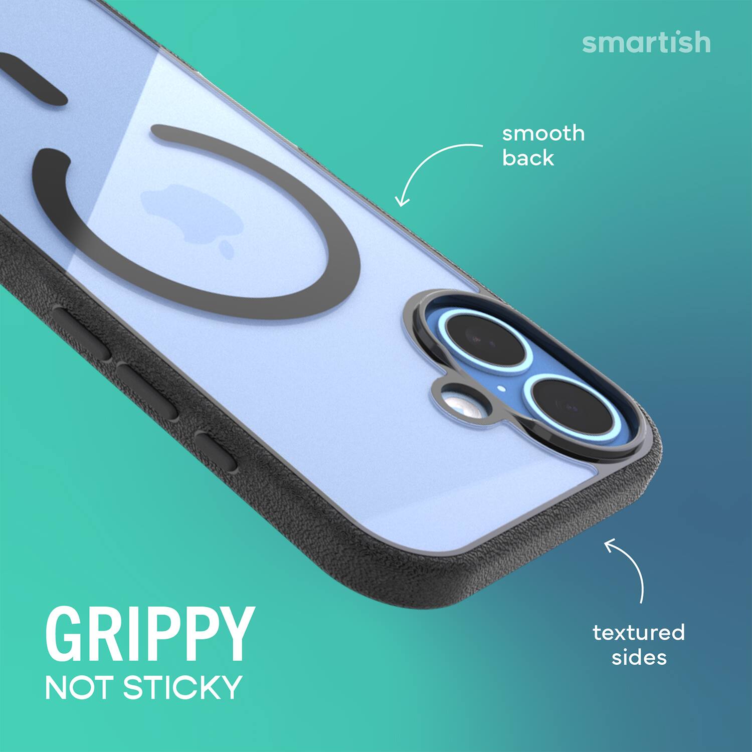 smartish  
smooth back  
GRIPPY NOT STICKY  
textured sides