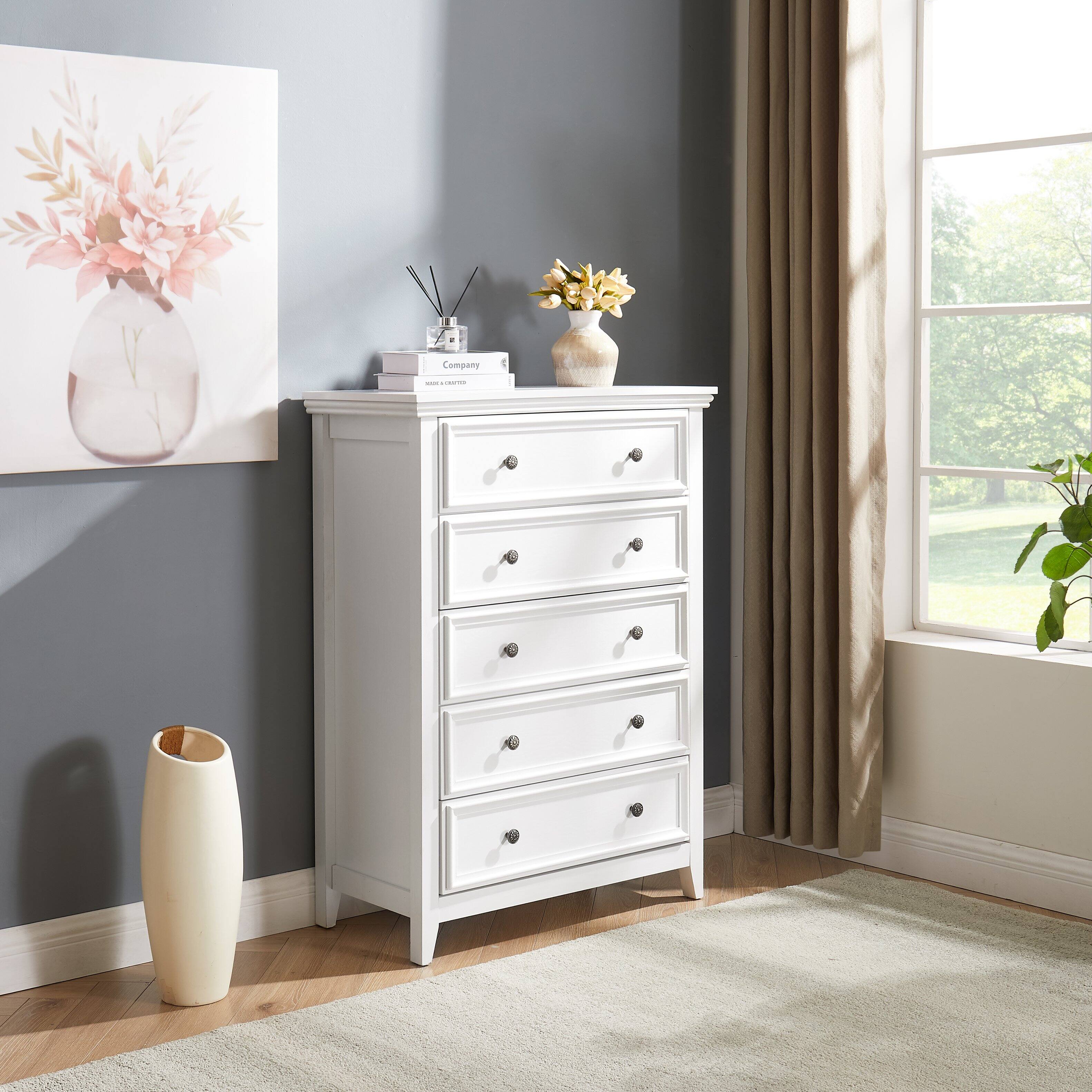 Left. GOODSILO - 5 Drawer Dresser - Modern Chest of Drawers for Bedroom, Living Room, Closet Storage - White.