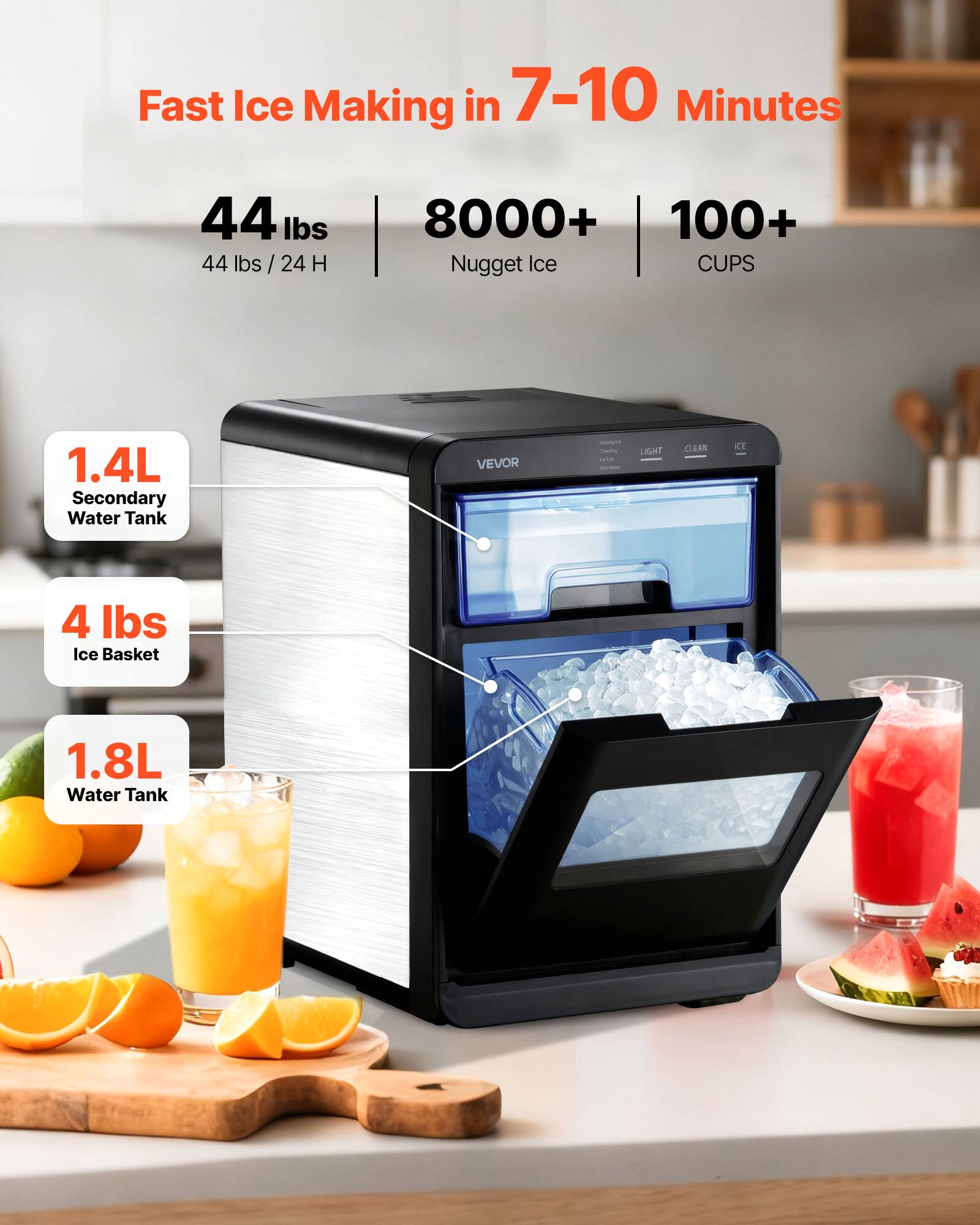Fast Ice Making in 7-10 Minutes

44 lbs (44 lbs / 24 H)

8000+ Nugget Ice

100+ CUPS

1.4L Secondary Water Tank

4 lbs Ice Basket

1.8L Water Tank