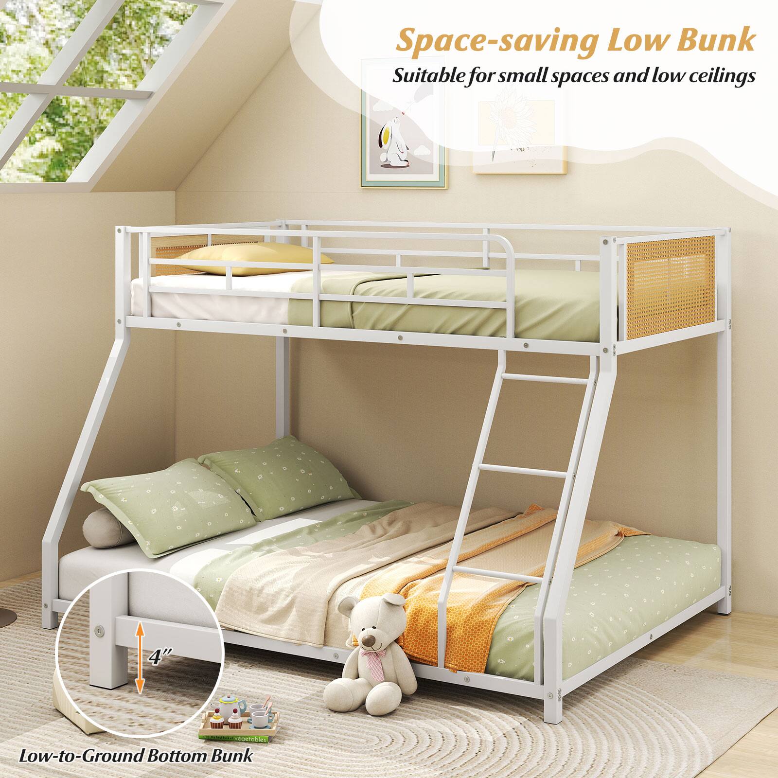 Space-saving Low Bunk  
Suitable for small spaces and low ceilings  

Low-to-Ground Bottom Bunk  

4"