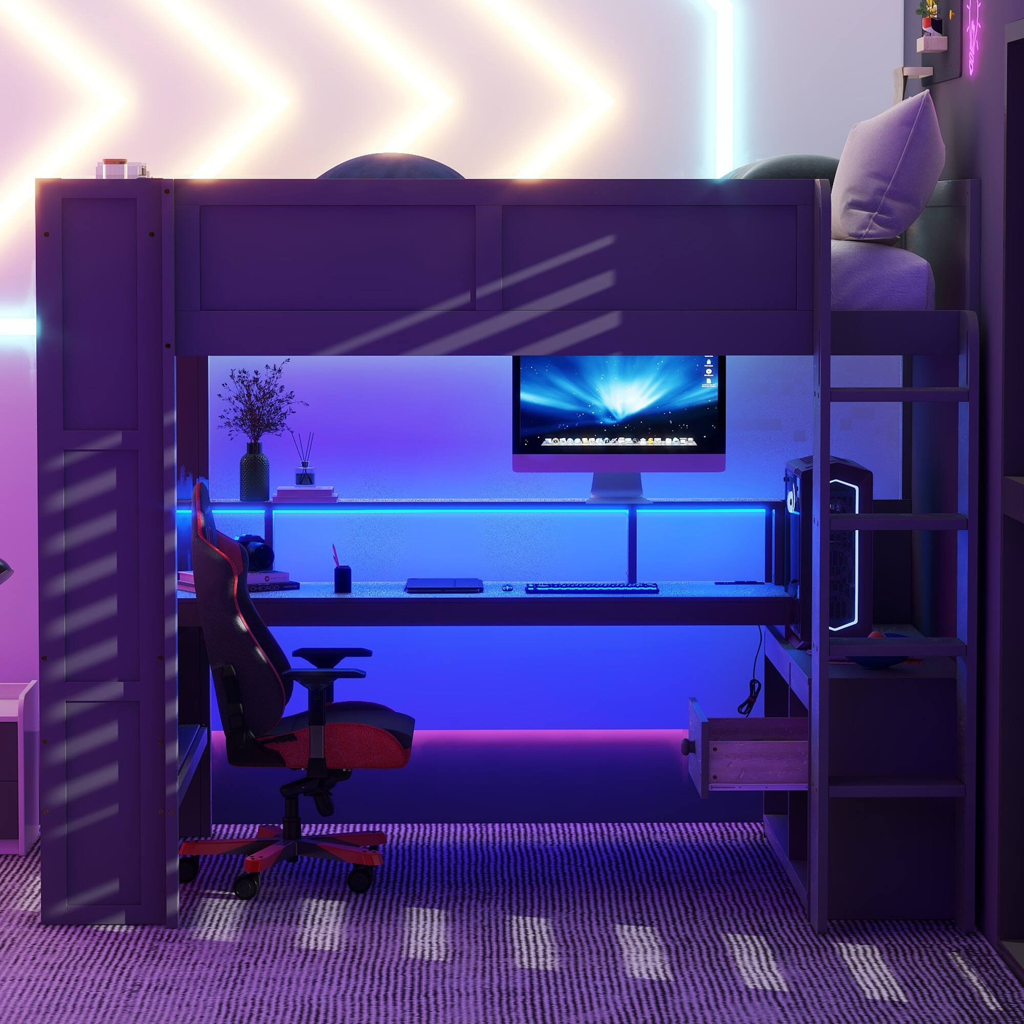 Angle. Aukfa - Wood Full Size Gaming Loft Bed with Desk, Multi-storage Shelves, LED and Charging Station - Drak Gray.