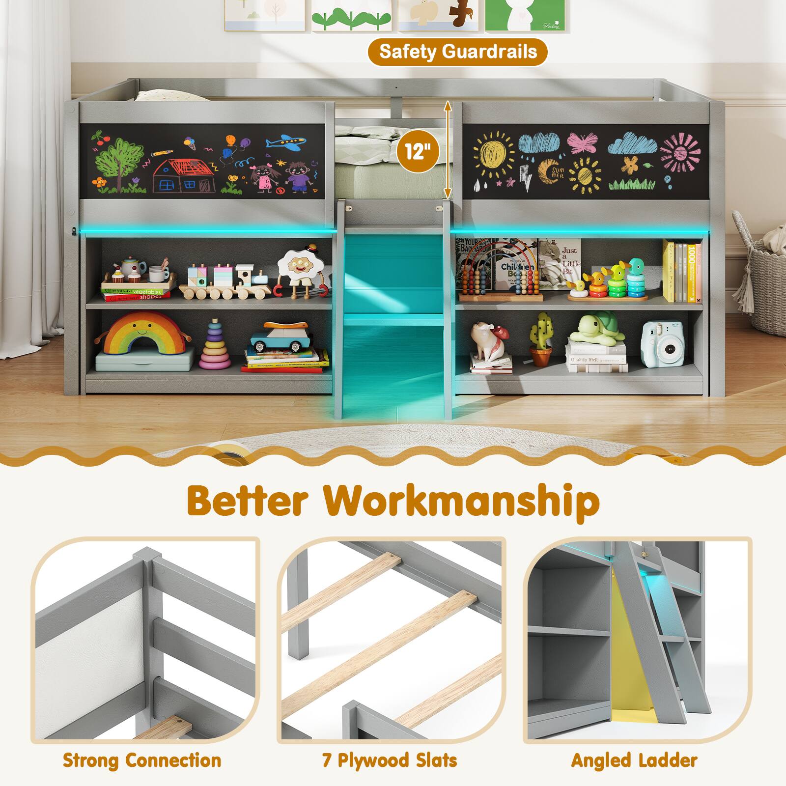 Better Workmanship

Safety Guardrails 12"

Strong Connection

7 Plywood Slats

Angled Ladder