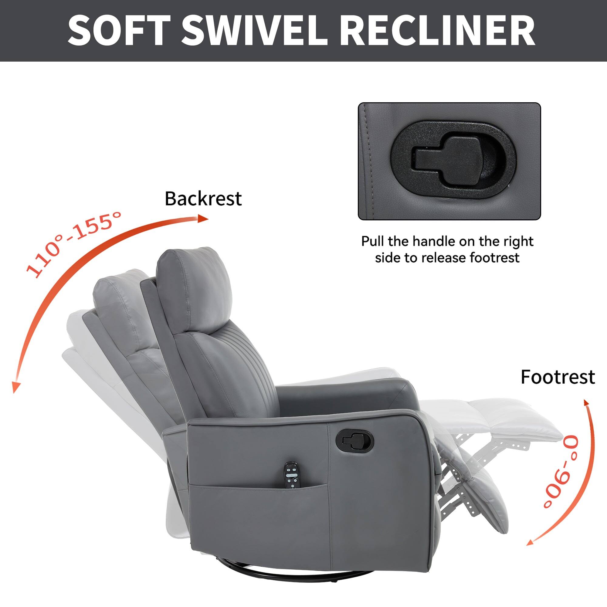 SOFT SWIVEL RECLINER

Backrest  
110°-155°

Footrest  
0°-90°

Pull the handle on the right side to release footrest