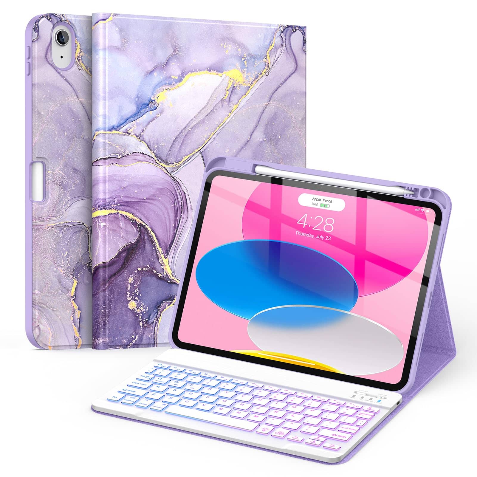 Pacoar Cade - For Ipad (a16) 11th/10th Generation Case With Keyboard(2025/2022)-7 Color Backlight Wireless Detachable Folio Cover - Violet Marble