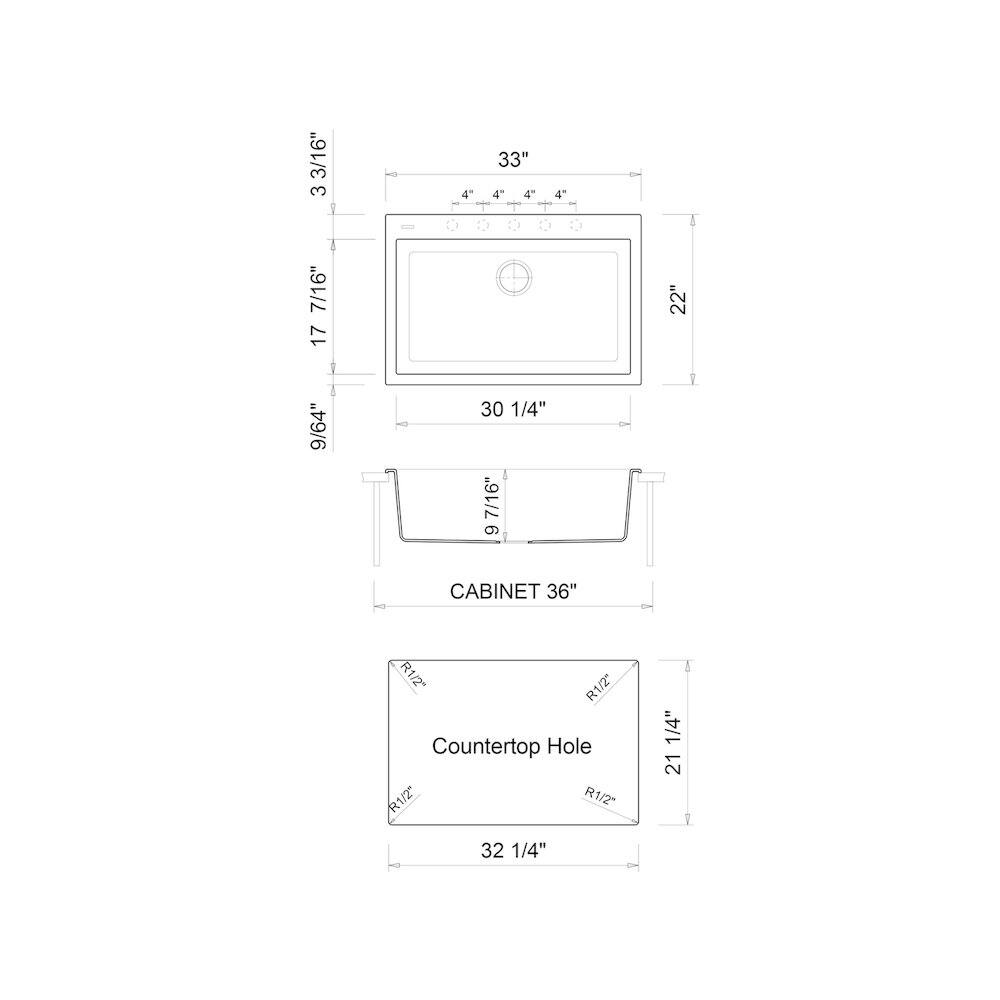 Sure, here is the corrected and grouped text from the image:

---

**Dimensions:**

- **Overall Size:**
  - Width: 33"
  - Height: 22"

- **Cooktop:**
  - Width: 30 1/4"
  - Height: 17 7/16"

- **Cabinet:**
  - Width: 36"
  - Height: 9 9/64"

- **Countertop Hole:**
  - Width: 32 1/4"
  - Height: 21 1/4"

- **Additional Measurements:**
  - 3 3/4" (top left)
  - 4" (top right)
  - 4" (top center)
  - 4" (top center, repeated)
  - 4" (top center, repeated)
  - 4" (top center, repeated)
  - 4" (top center, repeated)
  - 4" (top center, repeated)
  - 4" (top center, repeated)
  - 4" (top center, repeated)
  - 4" (top center, repeated)
  -