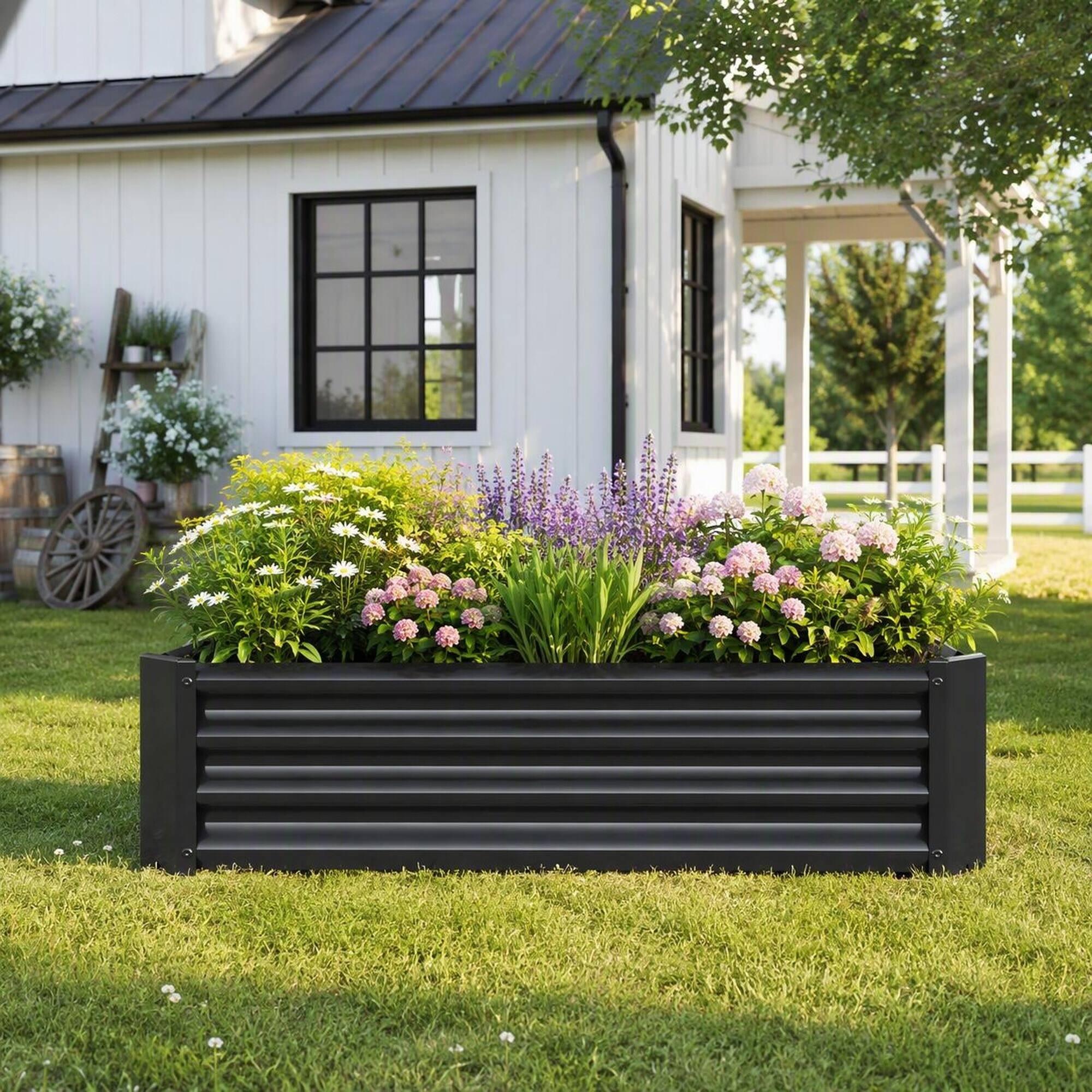 Angle. RYHNUYNE - 2-Pack Black Metal Rectangular Raised Garden Beds 4x2x1 ft for Vegetables, Flowers and Herbs - Black.