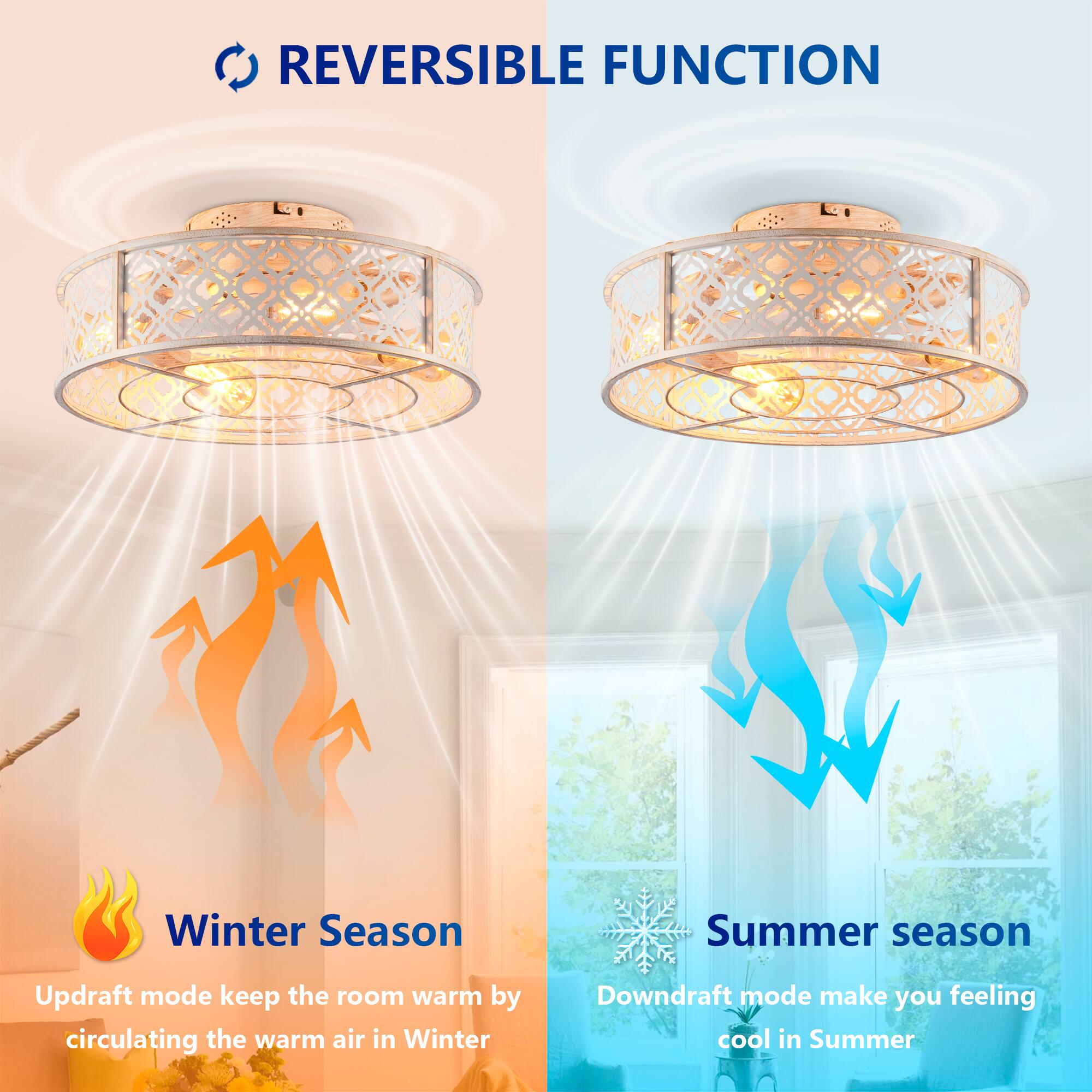 REVERSIBLE FUNCTION

Winter Season  
Updraft mode keeps the room warm by circulating the warm air in Winter

Summer Season  
Downdraft mode makes you feel cool in Summer