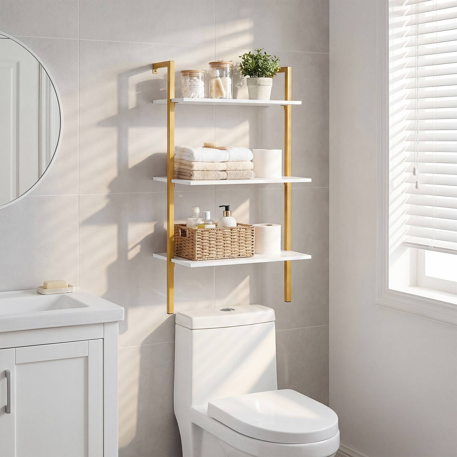 Alt View 4. Costway - Costway 2PCS Modern Wall Mounted Shelves, Wooden Floating Shelving Unit for Kitchen - Gold and White.