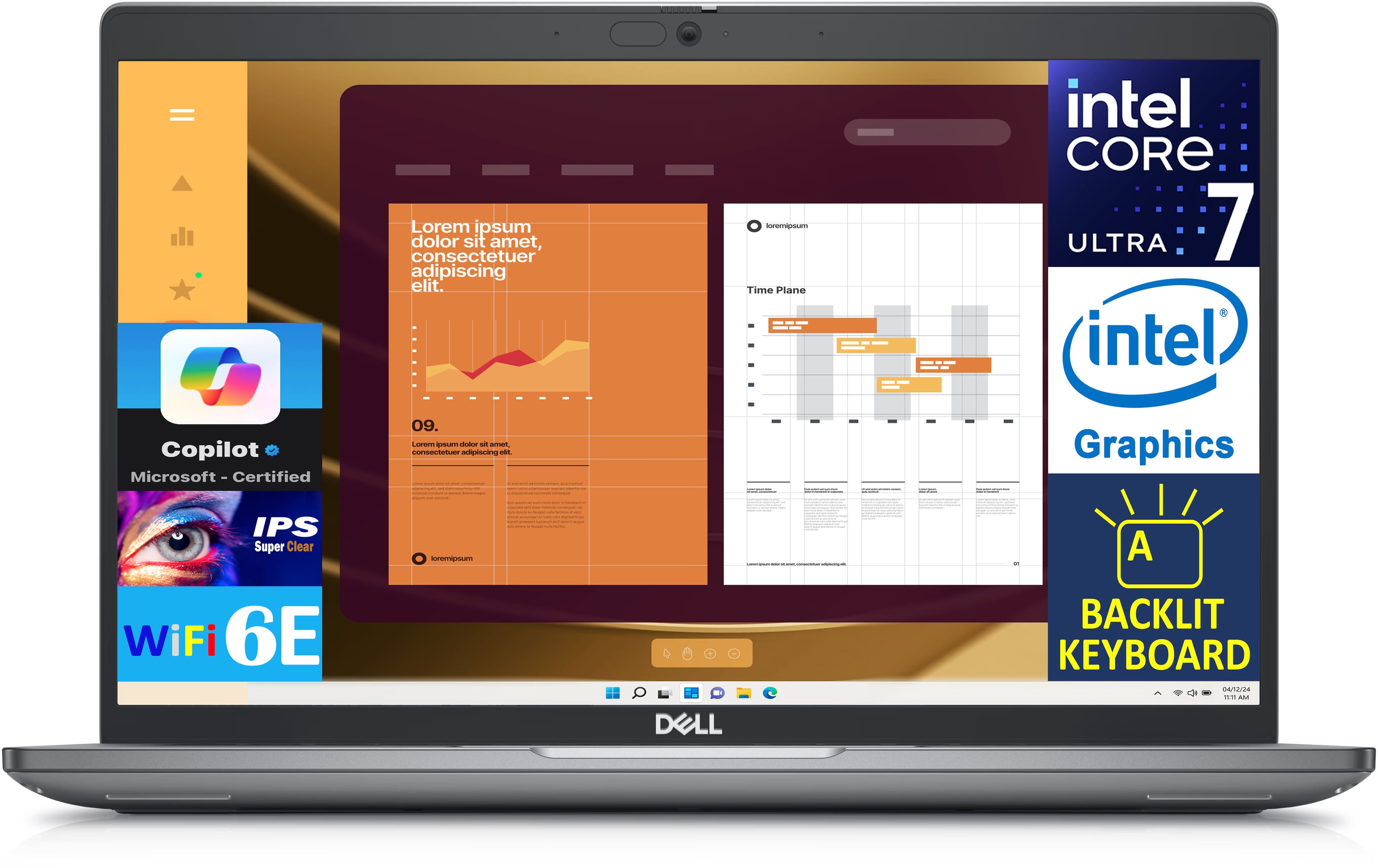 Sure, here is the corrected and grouped text from the image:
---
**Lorem ipsum dolor sit amet, consectetuer adipiscing elit.**
**Time Plane**
**intel CORE 7 ULTRA**
**intel Copilot Microsoft - Certified**
**Graphics**
**IPS Super Clear**
**WiFi 6E**
**BACKLIT KEYBOARD**
**DELL**
---
This text is organized based on the visible elements and labels on the laptop screen.